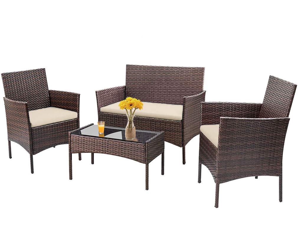 4-Piece Outdoor Patio Furniture Set - All-Weather Wicker Sofa, Rattan Chairs & Coffee Table - Brown Bistro Conversation Set for Poolside, Backyard, Garden & Lawn Relaxation