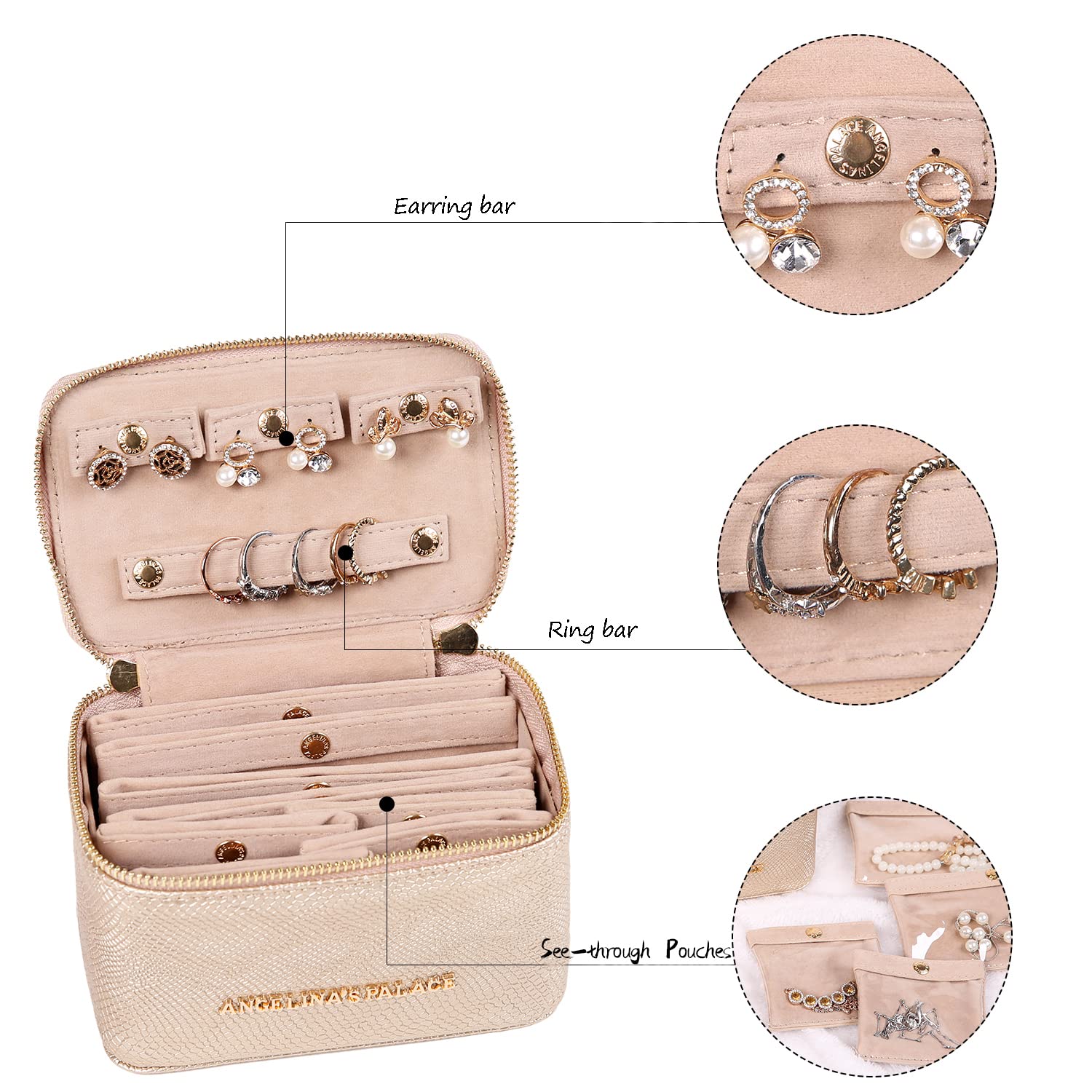 Angelina's Palace Snakeskin Pattern Jewelry Organizer Case - Vegan Leather Travel Jewelry Box for Necklaces, Earrings, Bracelets & Rings - Perfect Bridesmaid Gift & Wedding Accessory (Champagne)