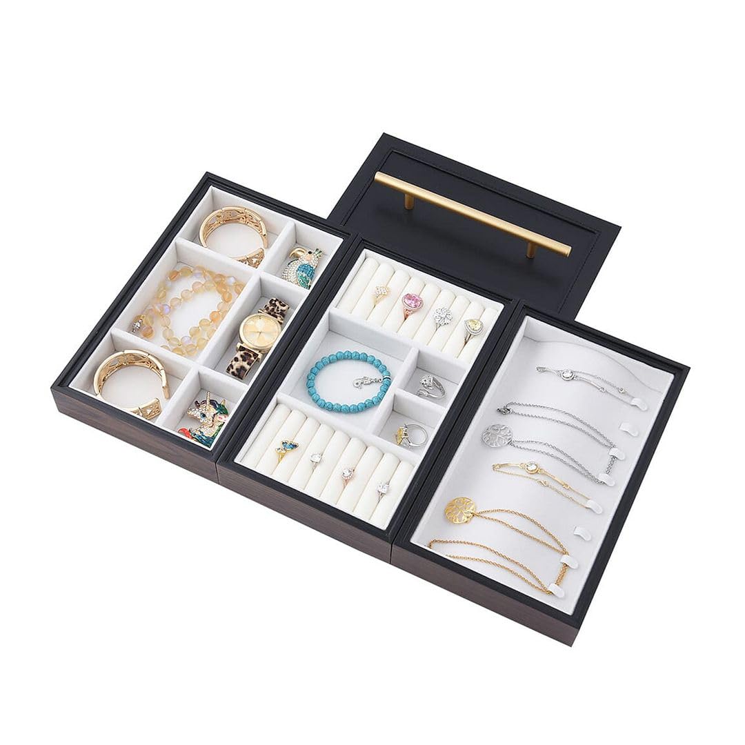 Brown Wooden Walnut Jewelry Organizer - 3-Tier Faux Leather Ring & Necklace Storage Box - Perfect for Home Decor, Bedroom Vanity, and Birthday Gifts