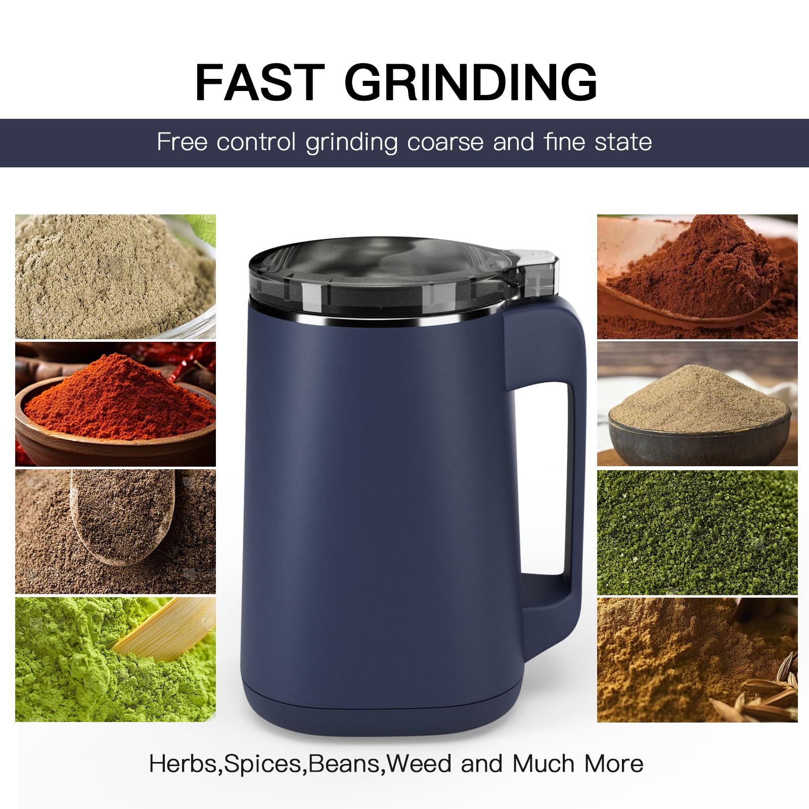 Premium Electric Coffee Grinder for Beans, Spices & Grains - One-Touch Portable Stainless Steel Blade Grinder with Inner Wall (Blue, 6x5x7in) - Perfect for Home, Office & Travel Coffee Brewing - Model KFYML4410
