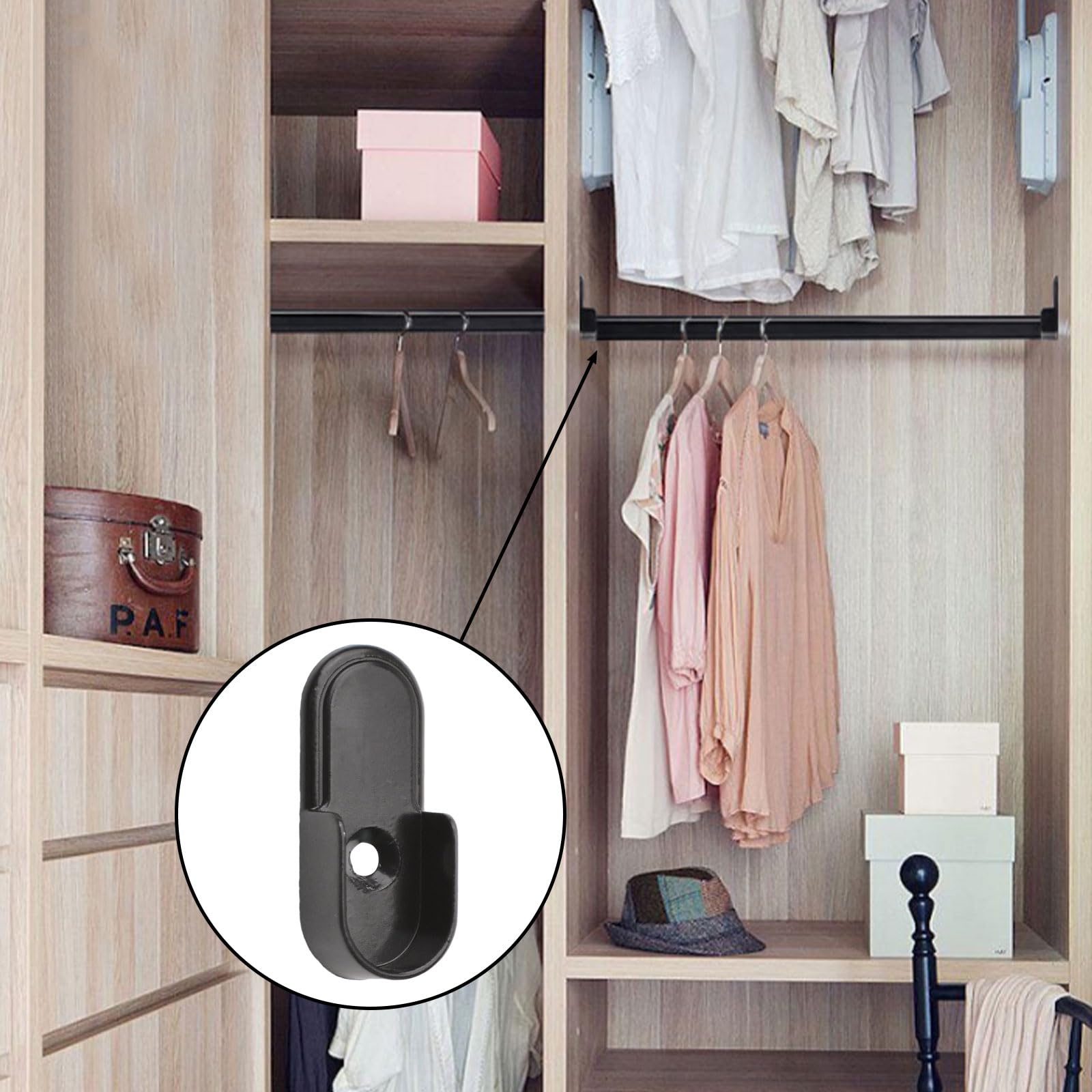 INCREWAY 6PCS Oval Closet Rod Supports - Heavy Duty Zinc Alloy Wardrobe Brackets, Wall Mounted Pipe Flange Bracket & Curtain Pole End Supports for Closet Organization (Black) - Perfect for Bedroom, Walk-in Closet and Home Storage Solutions