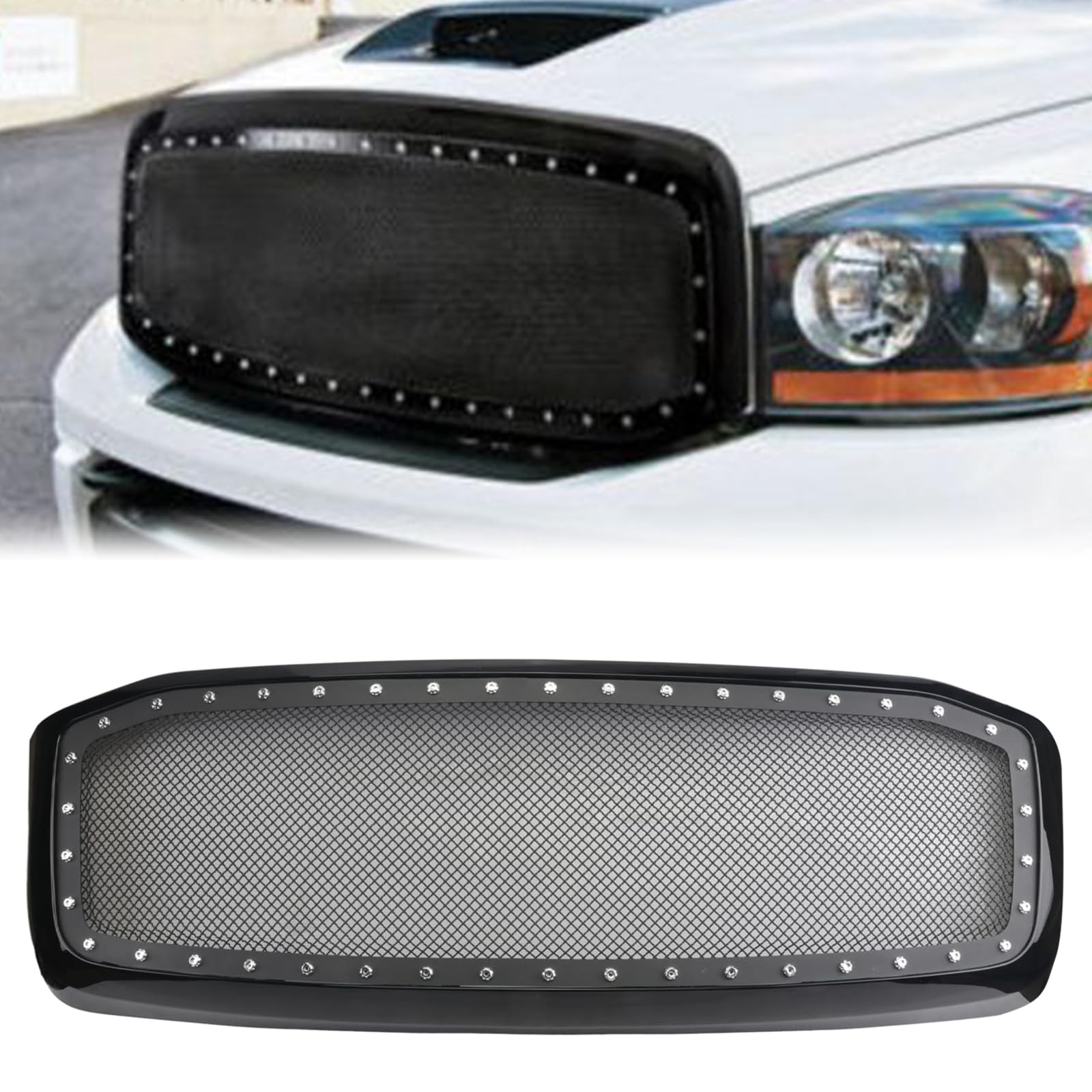 Gloss Black Front Grille for Dodge Ram 1500/2500/3500 (2006-2009) - Upper Mesh Grille with Rivets - Perfect for Off-Road & Truck Customization