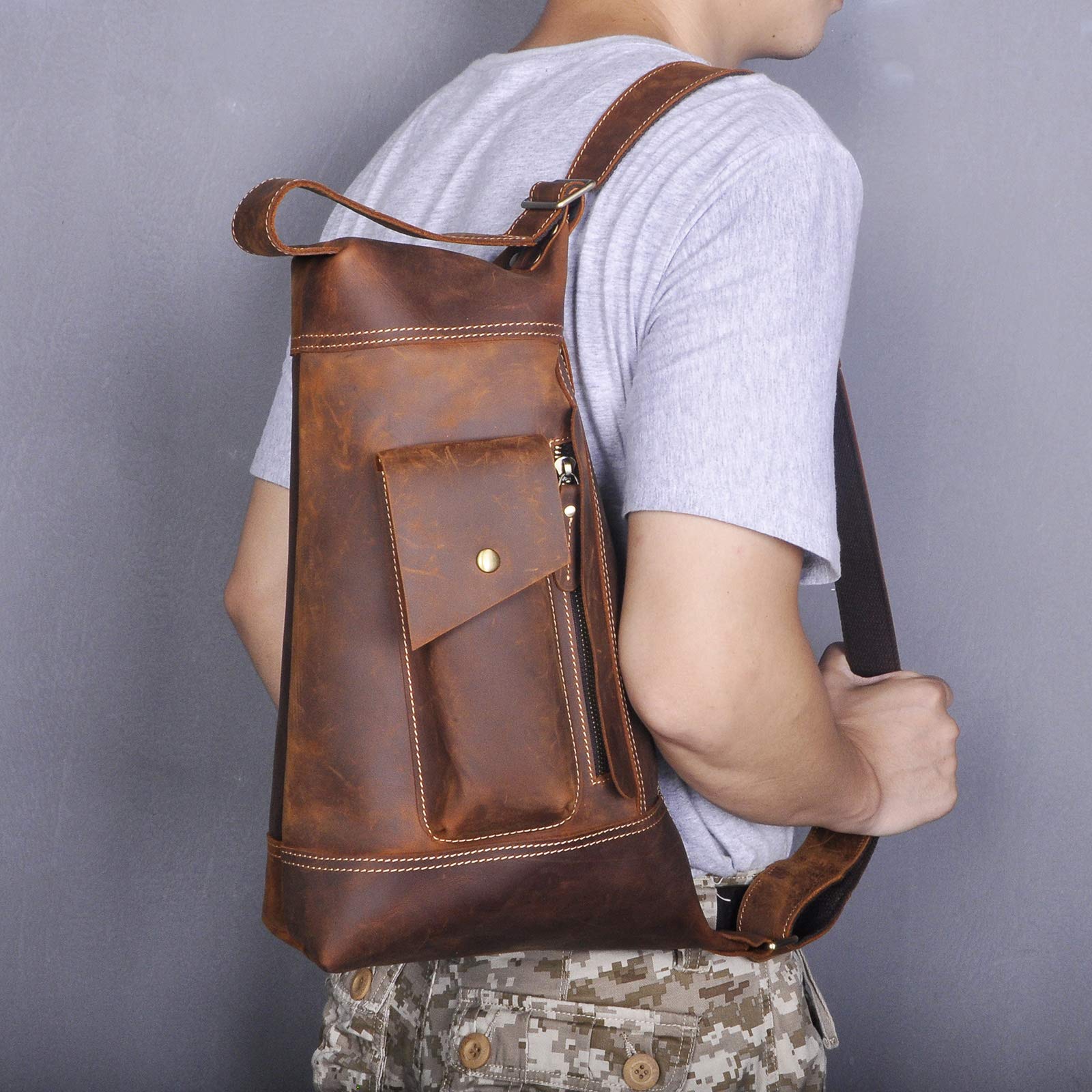 Le'aokuu Men's Leather Crossbody Sling Bag - Large Outdoor Hiking Travel Chest Shoulder Bag for Men (Brown) | Perfect for Hiking, Travel, Work Commute & Daily Use