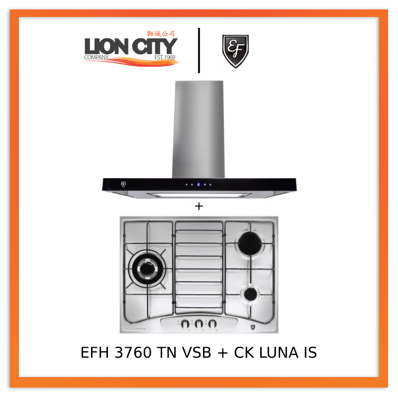 EF CK LUNA 90cm Island Range Hood + EF EFH3760 68cm 3-Burner Gas Cooktop - Premium Kitchen Ventilation for Modern Homes