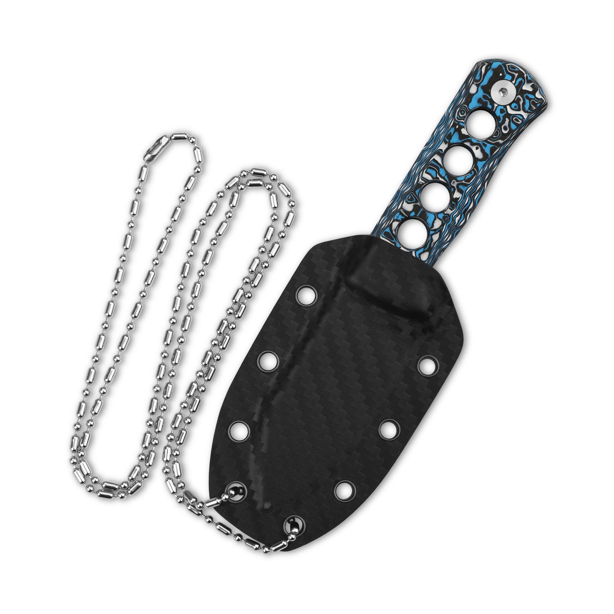 QSP Canary Neck Knife - Brass & Copper Damascus Steel Blade with Camo Carbon Fiber Handle - EDC, Outdoor Survival, Hunting, and Camping Accessory