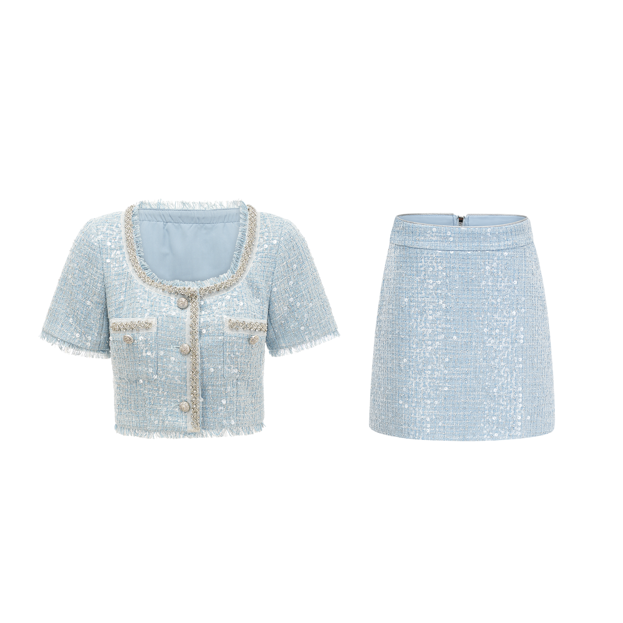 Carlina Embellished Tweed Top & Skirt Matching Set | Women's Elegant Outfit for Work, Party & Special Occasions