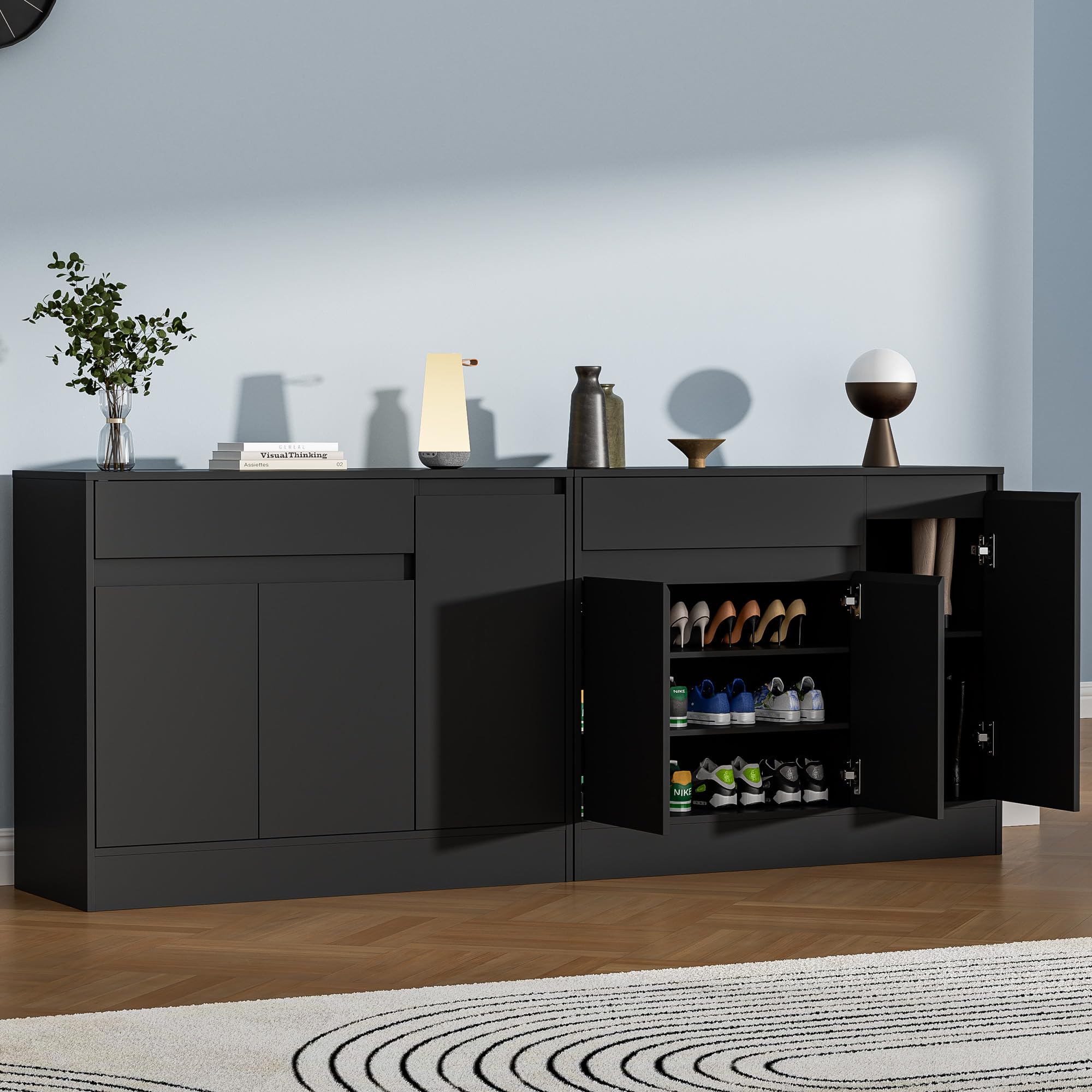 3-Door Wooden Shoe Cabinet with Drawer & Adjustable Shelves - Freestanding Shoe Storage Organizer for Entryway, Hallway, Living Room - Black (Perfect for Small Spaces & Home Organization)