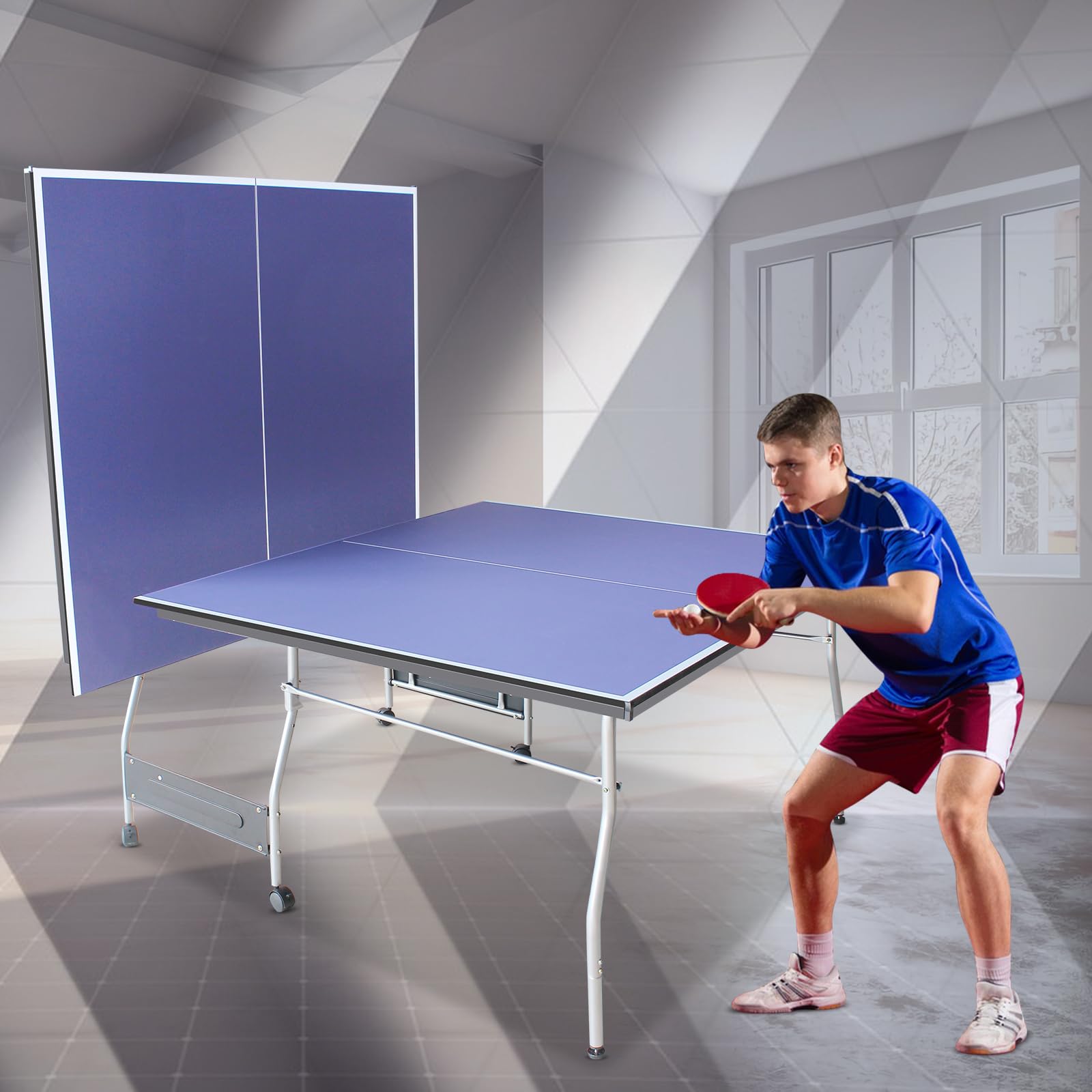 8×4 FT Foldable & Portable Ping Pong Table Set with 2 Paddles, 3 Balls & Net - Indoor/Outdoor Table Tennis for Backyard, Game Room & Family Fun