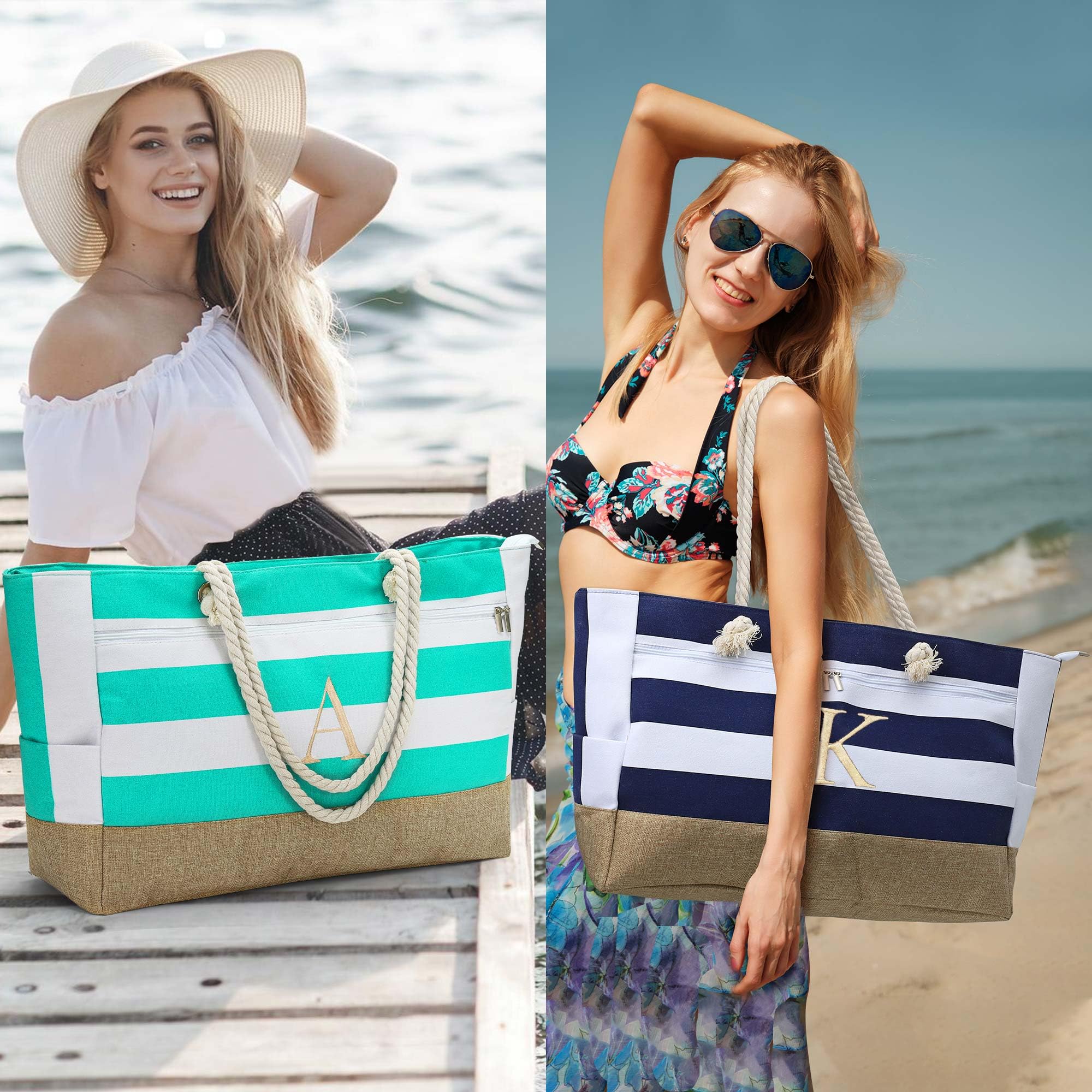YOOLIFE Personalized Monogrammed Tote Bag for Women - Custom Initial Large Beach Tote, Perfect Travel Bag Gift for Mom, Wife & Best Friend | Great for Beach Trips, Shopping & Daily Use