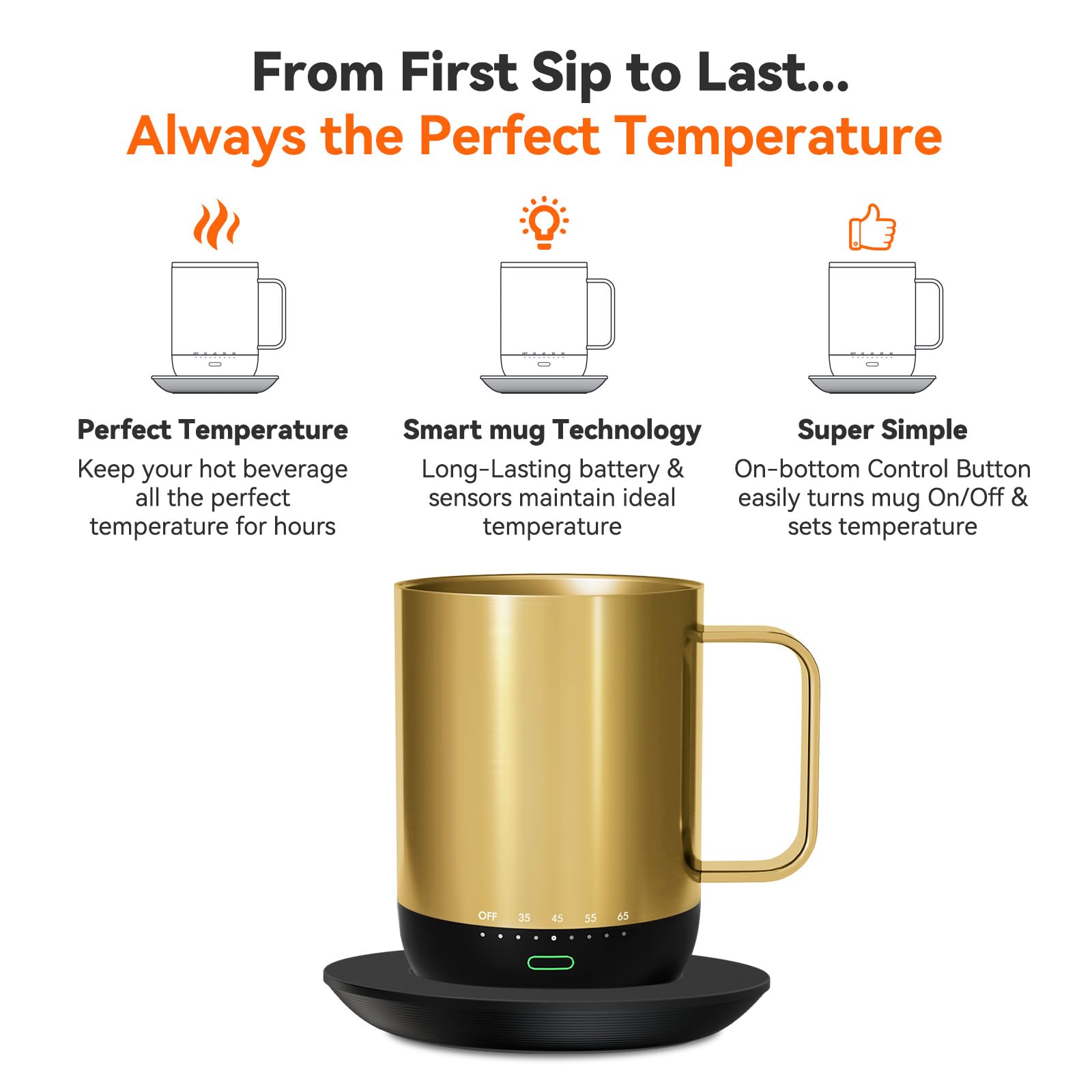 VSITOO S3Pro Smart Temperature Control Coffee Mug with Lid - 14oz Self-Heating Travel Mug, 90 Min Battery Life, APP & Manual Control - Perfect Gift for Coffee Lovers (Gold) - Ideal for Office, Home, Travel & Outdoor Use