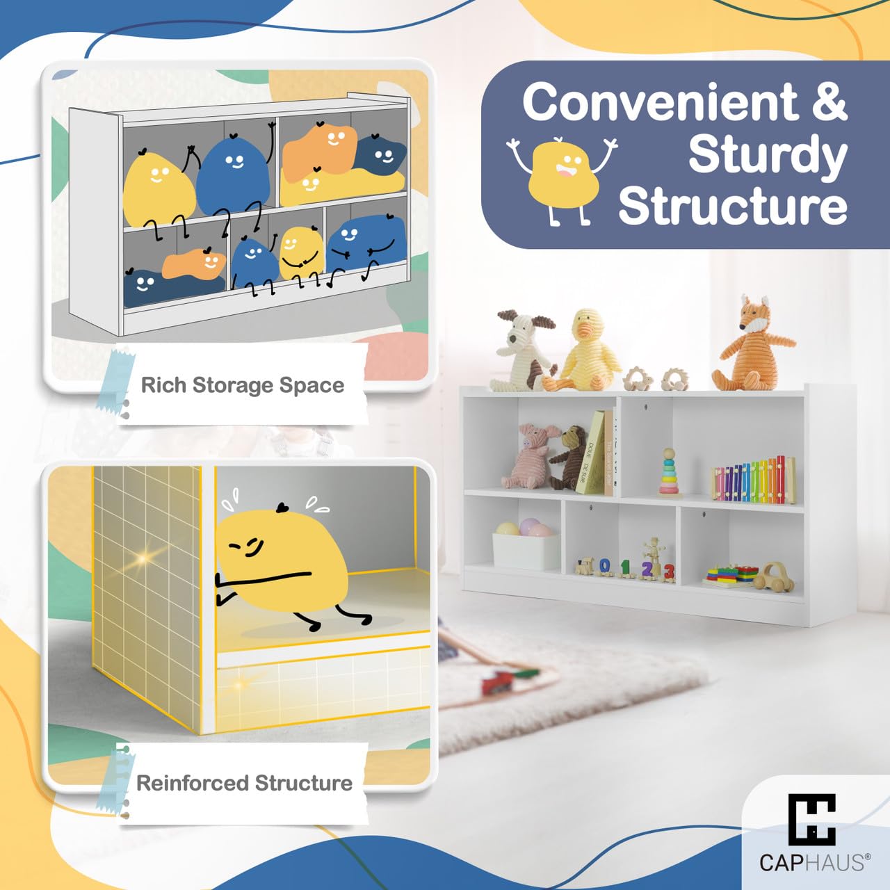 CAPHAUS Kids Toy Storage Organizer with Open Compartments - 44.1”x11.8”x24.2” White Toy Shelf for Books, Toys & Games - Perfect for Classroom, Kindergarten, Playroom, Nursery & Bedroom Organization