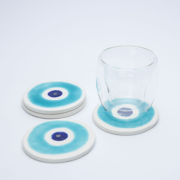 Evil Eye Ceramic Coaster Set of 4 - Handmade Blue Glazed Tile Coasters for Drinks - Perfect for Home Decor, Coffee Table, and Protection Against Negative Energy