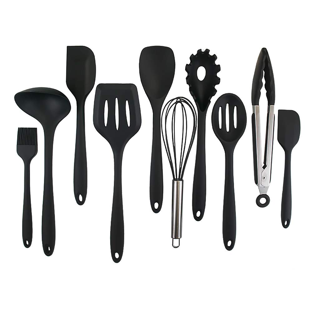 LandHope 10-Piece Silicone Cooking Utensil Set with Stainless Steel Handles - Non-Stick, Dishwasher Safe & Eco-Friendly Kitchen Tools (Spatula, Tongs, Egg Beater) - Perfect for Baking, Frying & Everyday Cooking