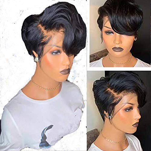 Brazilian Virgin Human Hair Lace Front Wig - Pre-Plucked Short Pixie Cut with Bleached Knots, 13x6 Full Lace Wig (Black) | Perfect for Daily Wear, Cosplay & Fashion Styling