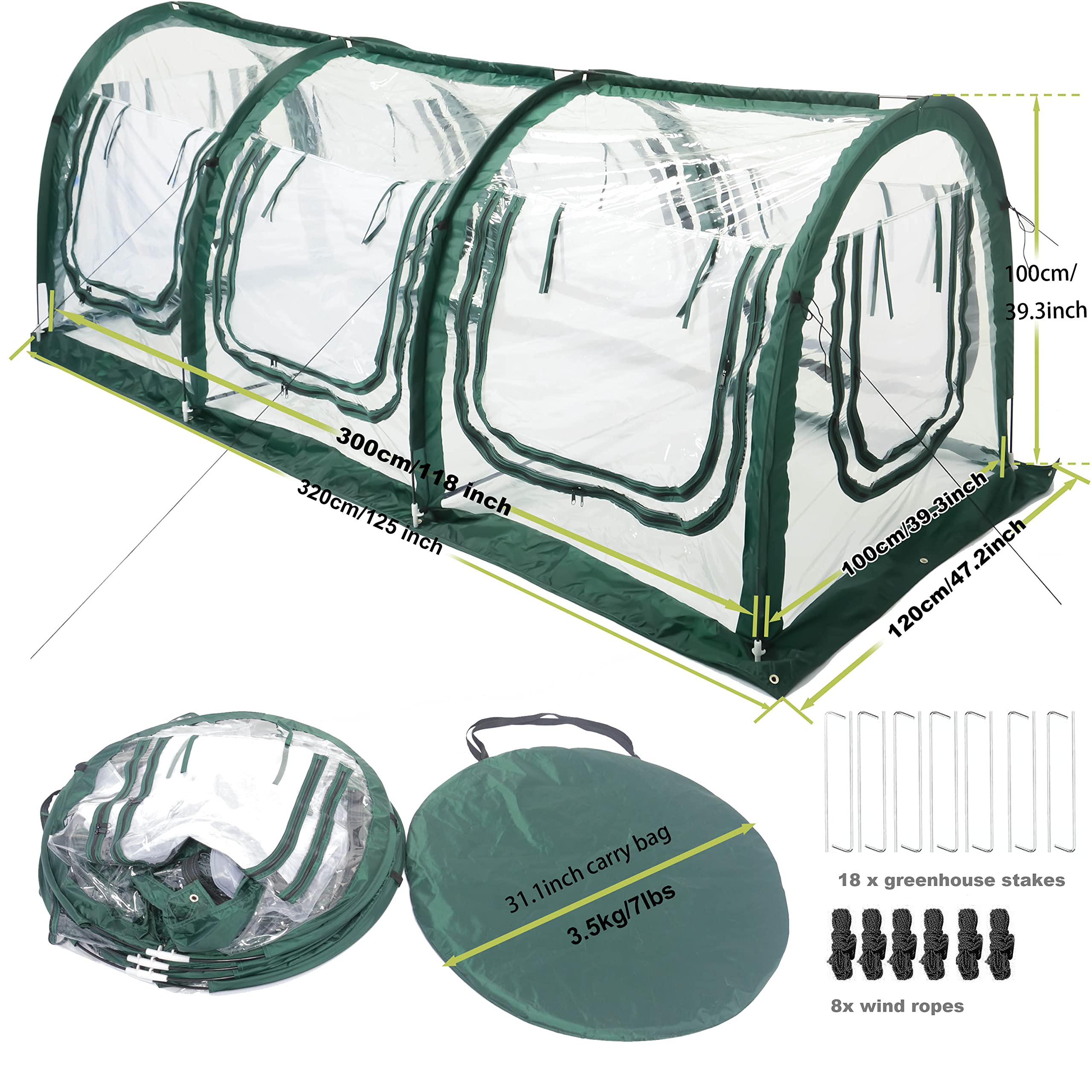 Poray Pop Up Tunnel Greenhouse - Portable Garden Greenhouse with PVC Cover & Mesh Netting - Protects Plants from Cold, Frost, Birds & Insects - Ideal for Outdoor Gardening, Seed Starting & Plant Protection