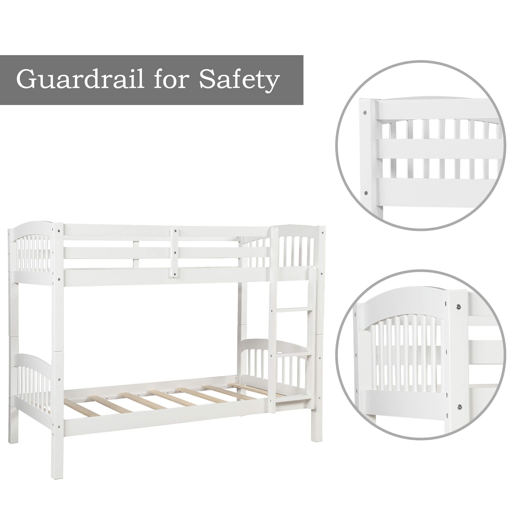 JULYFOX Twin Over Twin Bunk Bed with Ladder & Guard Rails - Heavy Duty 500 LB Capacity, Solid Pine Wood Frame with Finsbury Headboard - No Box Spring Needed - Perfect for Teens, Kids & Small Spaces (White) | Ideal for Dorm Rooms, Guest Rooms & Space-Saving Bedroom Solutions