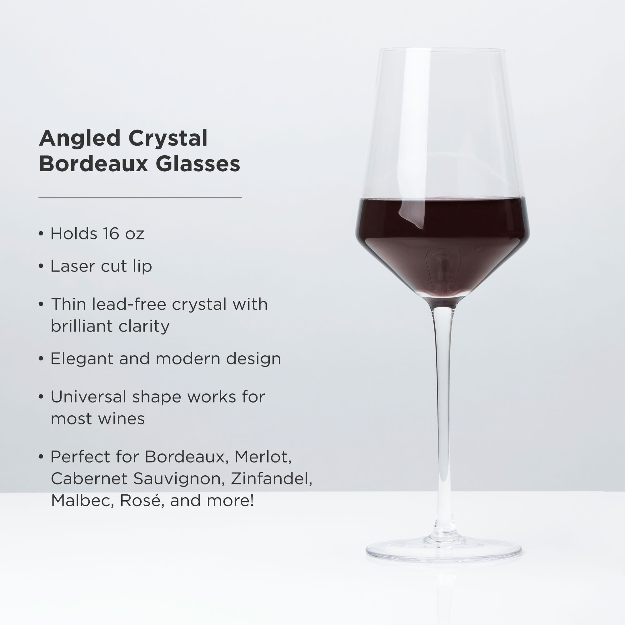Raye Angled Crystal Bordeaux Wine Glasses Set of 2 - Elegant Stemware for Red Wine, Dinner Parties & Romantic Evenings