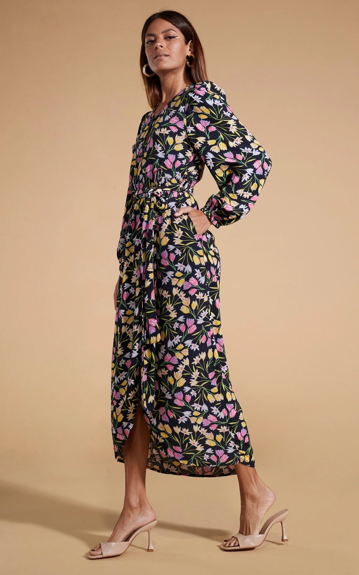 Stylish Mabel Midaxi Mock Wrap Dress in Citrus Tulip Print - Perfect for Summer Parties, Weddings & Casual Outings