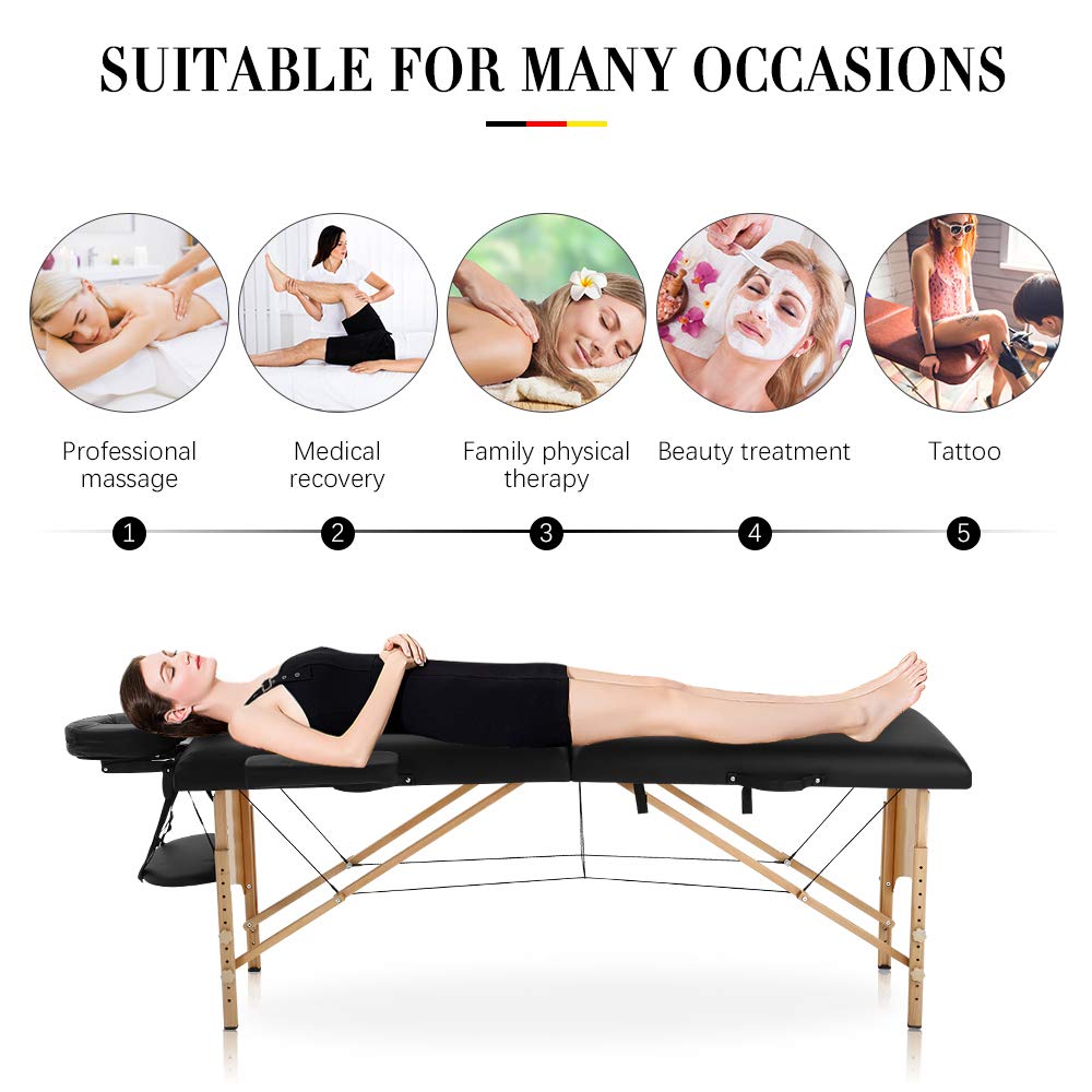 Professional Portable Massage Table - Adjustable Height 2-Folding Massage Bed with Carrying Case for Spa, Beauty Salon, Facial & Tattoo (84 Inch, Black) - Perfect for Home Use, Mobile Therapists & Professional Clinics
