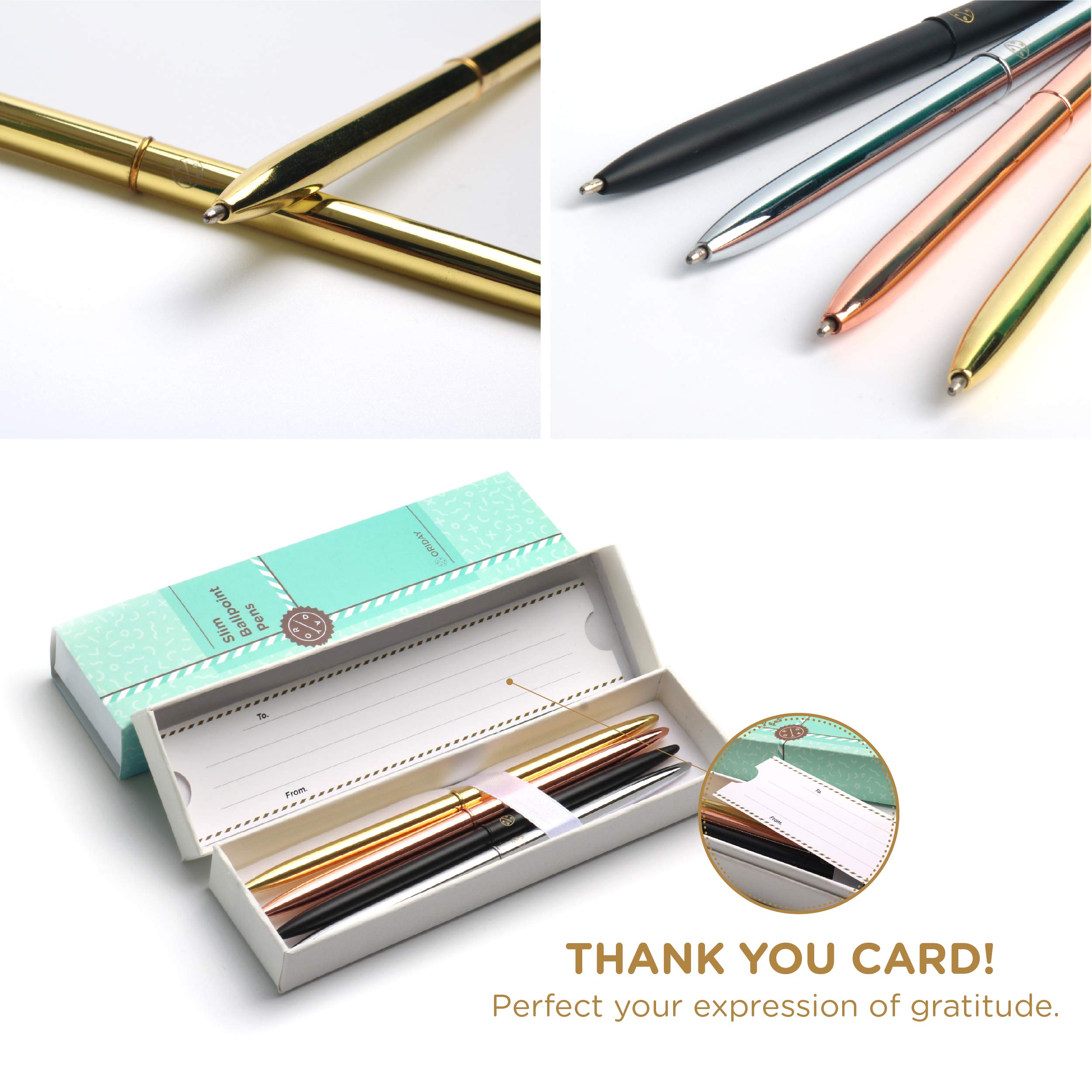 Oriday Chrome Ballpoint Slim Pens Set of 4 - Premium Lightweight Metal Ballpoint Pens with Black Ink in Elegant Gift Box | Perfect for Weddings, Bridal Showers, Graduation Gifts & Office Use (Rose Gold, Black Ink)