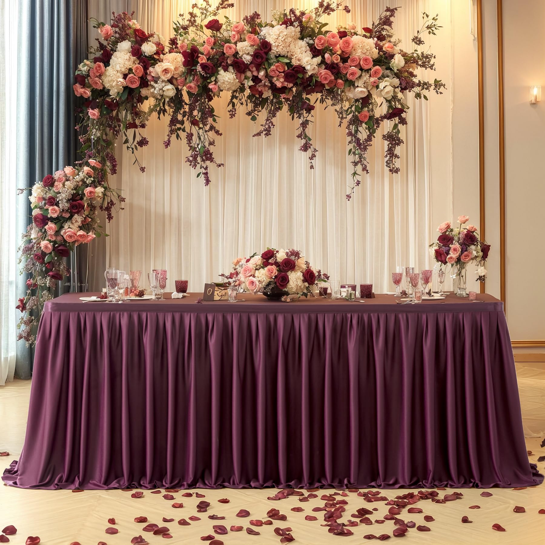 Burgundy Polyester Table Skirt 17ft - Wrinkle Resistant for Banquet & Wedding Decor