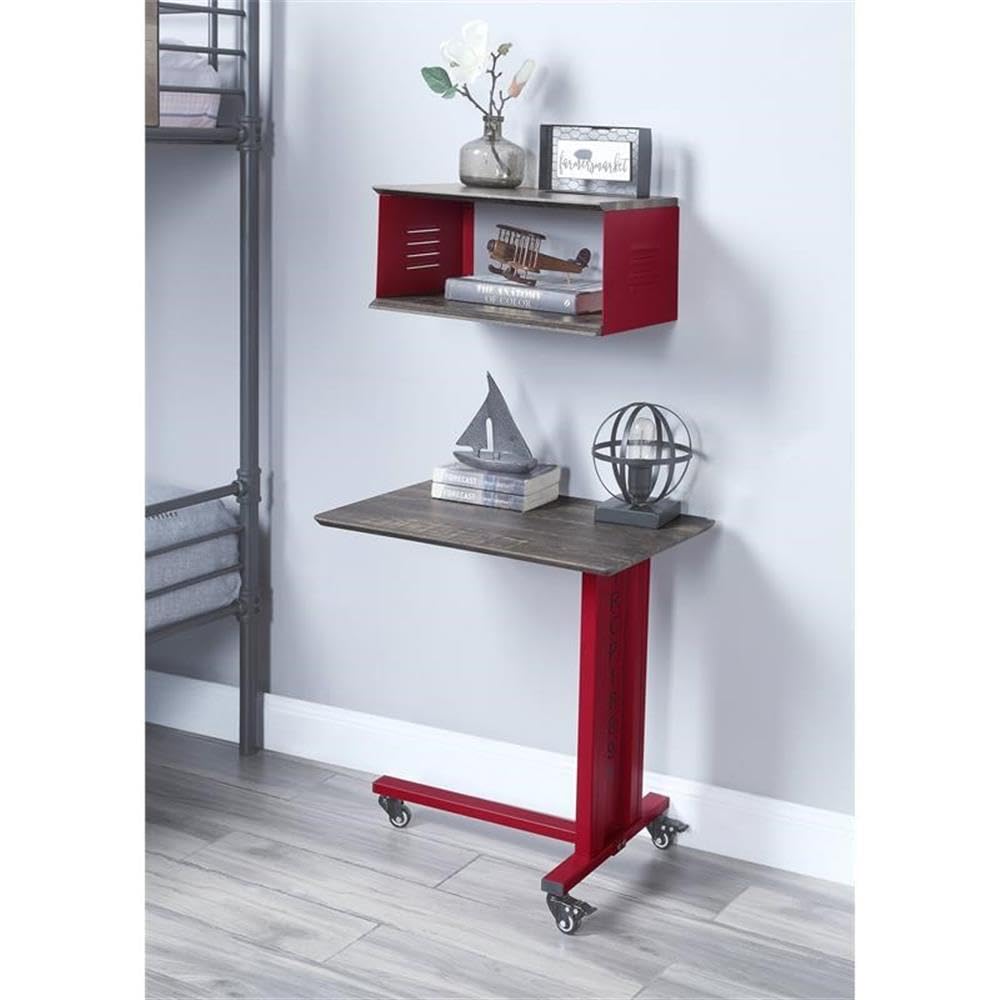 Acme Cargo Industrial Metal Side Table with Wall Shelf & Casters - Red Accent Table for Living Room, Bedroom or Office - Sturdy Rolling End Table with Storage Shelf