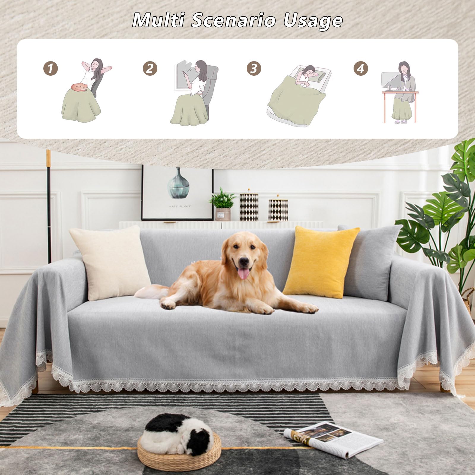ROOMLIFE Grey Chenille Sofa Slipcover - 3 Cushion Couch Cover for Sectional, Loveseat & Recliner Chair (71
