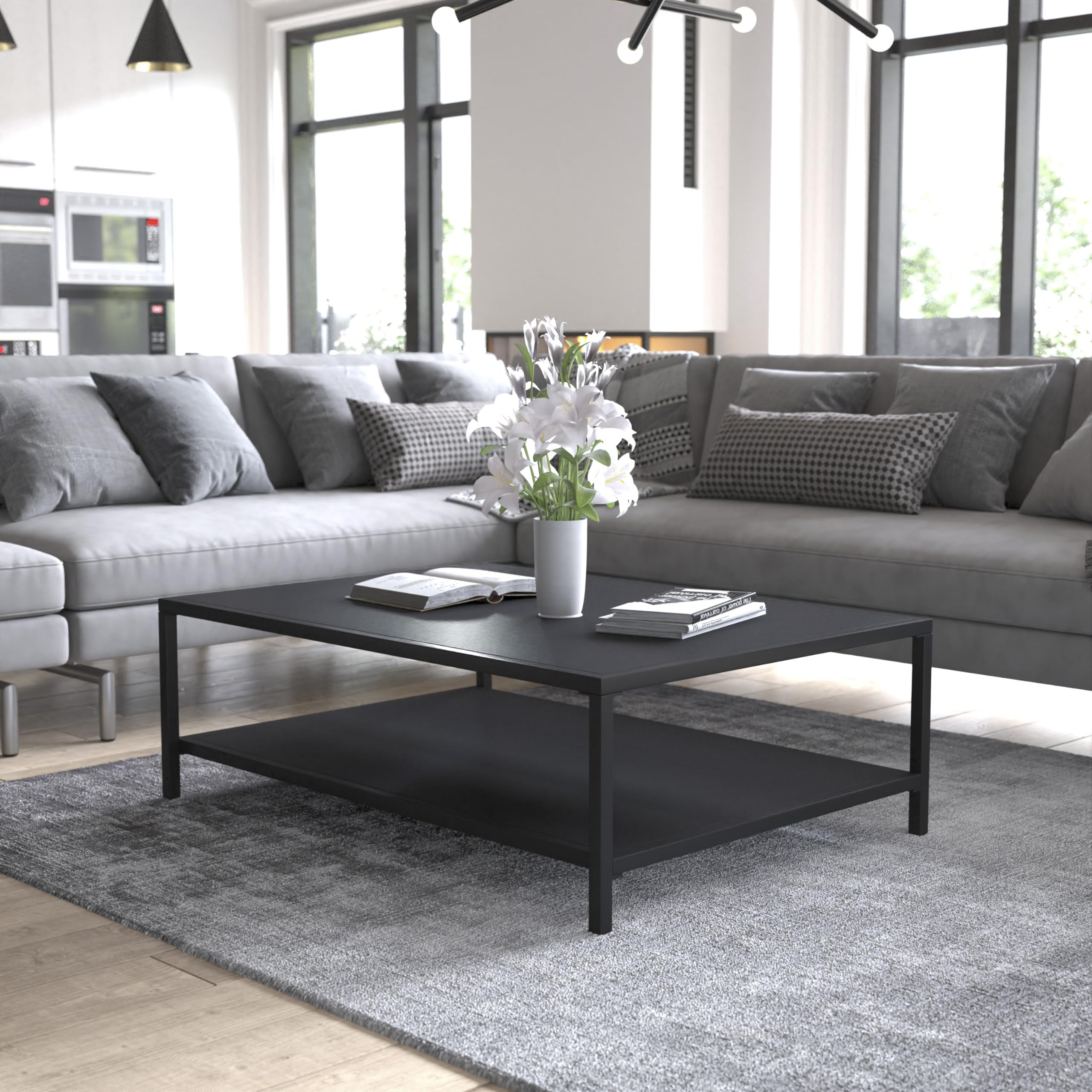 Black Steel Indoor/Outdoor Coffee Table with Lower Shelf - Modern Square Leg Frame for Living Room, Patio, Office or Restaurant - Durable Metal Side Table for Home & Commercial Use