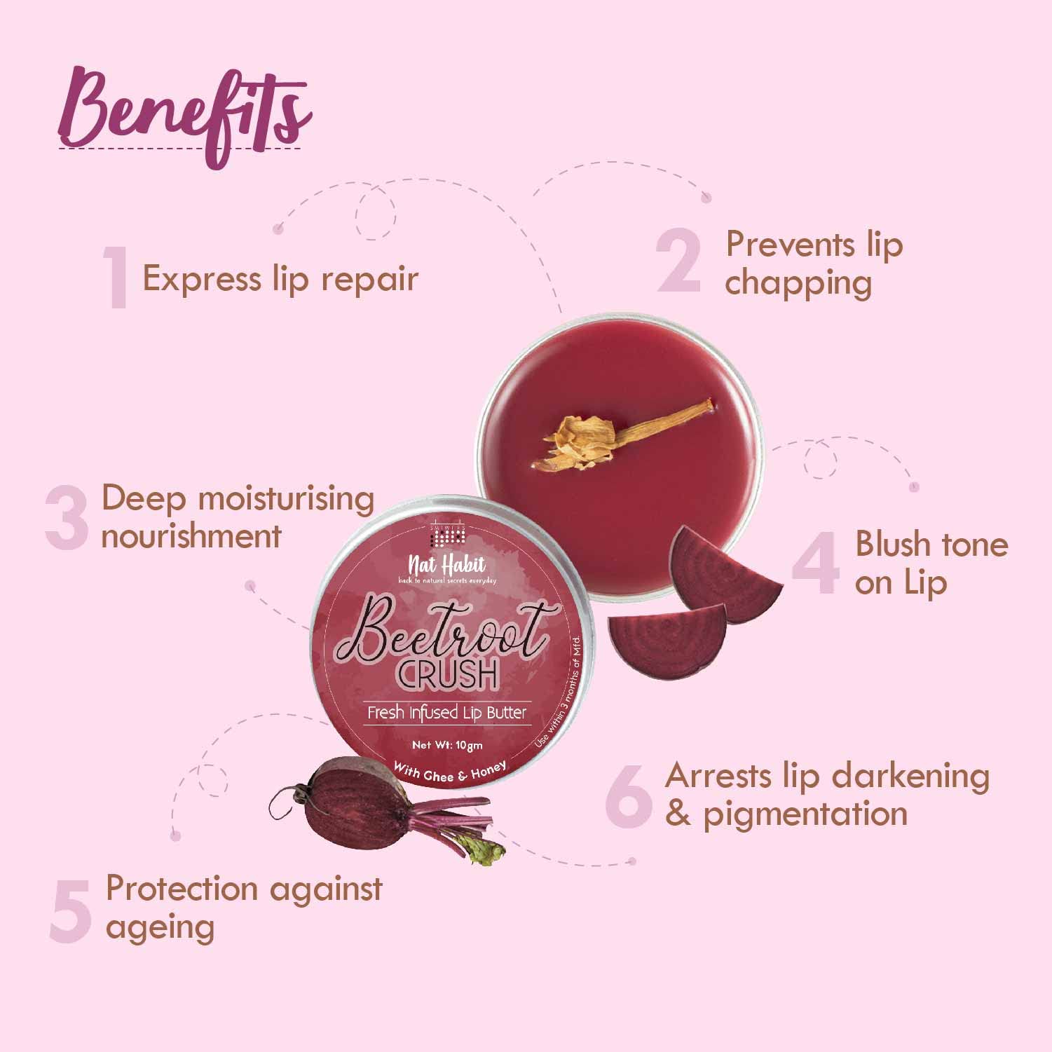 Nat Habit Fresh Beetroot Crush Lip Balm 10g - Natural Lip Butter with Desi Ghee & Raw Honey for Pink Lips, Nourishment, Dark & Chapped Lips Treatment - Pack of 1 - Perfect for Daily Hydration & Winter Lip Care