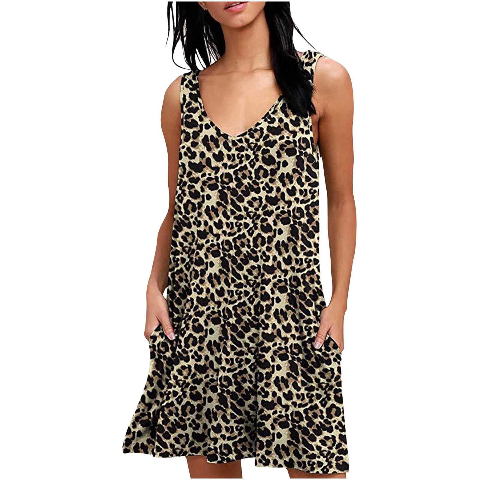 Usupdd Women's Floral Print V-Neck Tank Dress with Pockets - Casual Summer Swing Tunic Dress for Outdoor Parties, Beach Vacations & Daily Wear