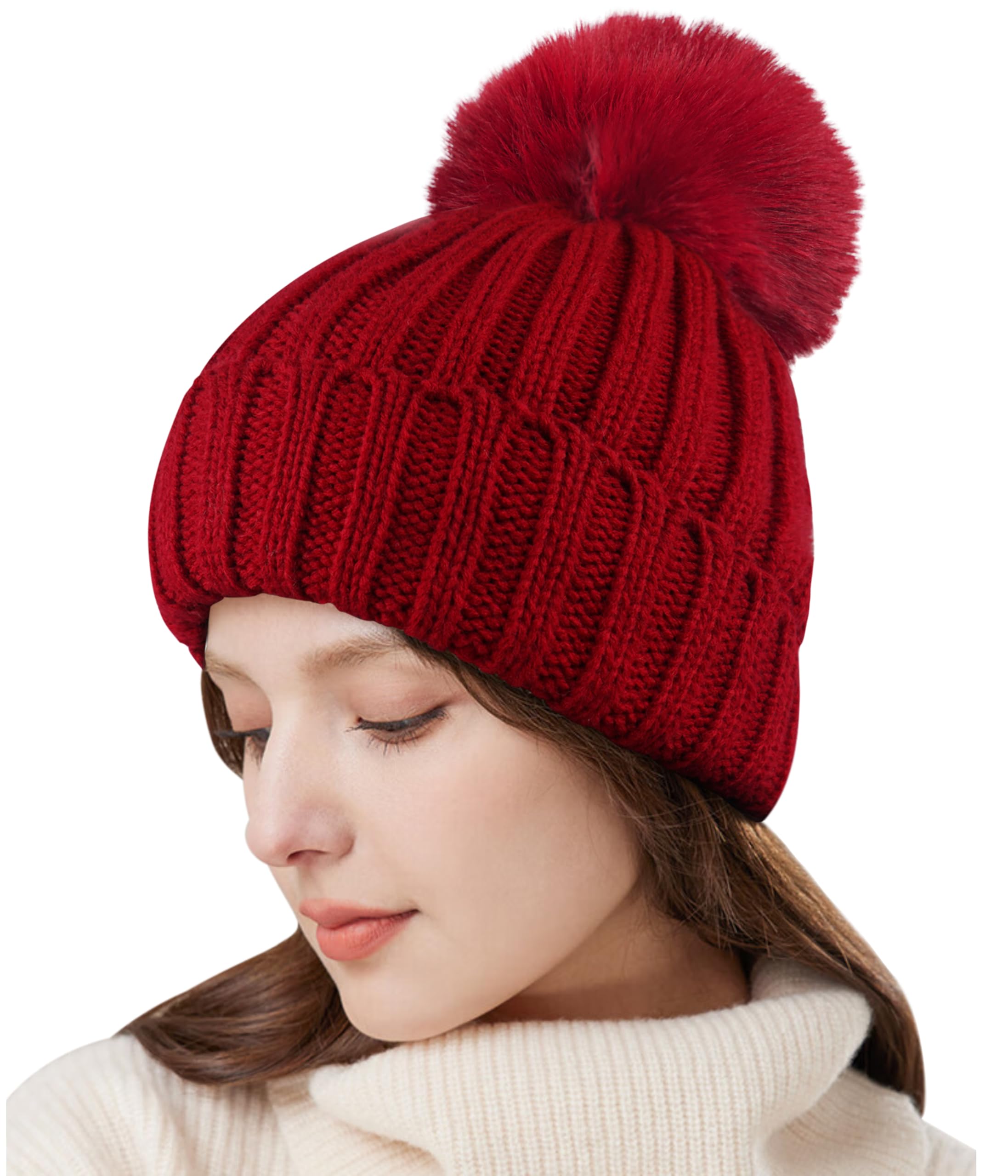 KEECOW Women's Winter Beanie Hat - Thermal Warm Knit Hat with Detachable Pom Pom for Outdoor Sports, Skiing, Hiking & Casual Winter Wear