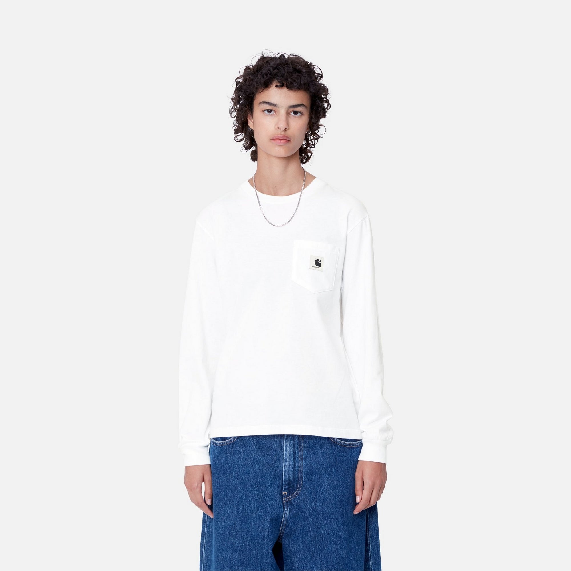 Women's Long Sleeve Pocket T-Shirt - Soft Cotton Casual Top for Everyday Wear | White | Perfect for Work, Weekend & Layering