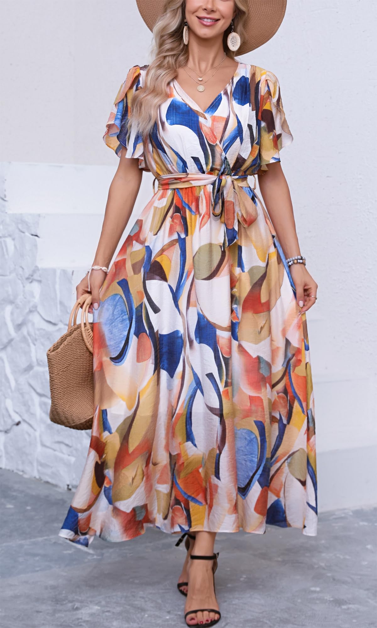 Kormei Women's Floral Wrap V-Neck A-Line Maxi Dress with Belt - Boho Chic Short Sleeve Wedding Guest & Party Dress for Casual Summer Occasions