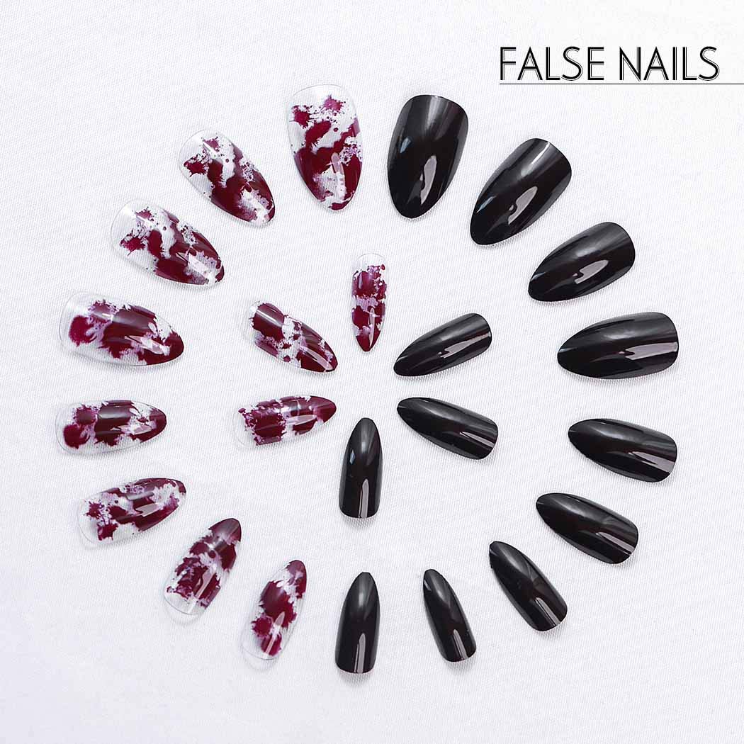 Halloween Press On Nails Stiletto - 24PCS Witch Black & Red Fake Nails for Women | Long Lasting Glue On Nails for Halloween Party, Cosplay & Costume Events