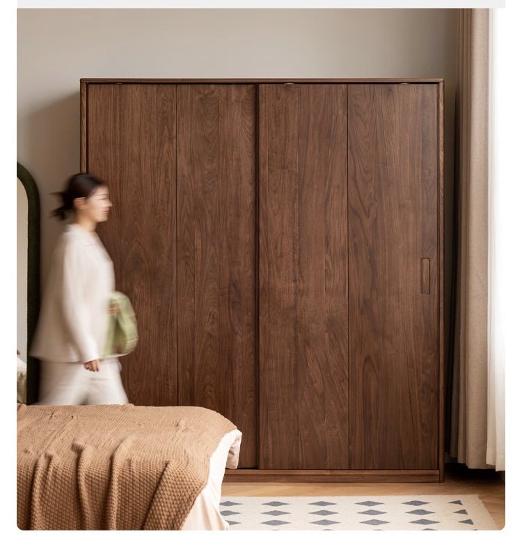 Premium Black Walnut Solid Wood Sliding Door Wardrobe Closet - Modern Bedroom Storage Solution for Home & Office Organization