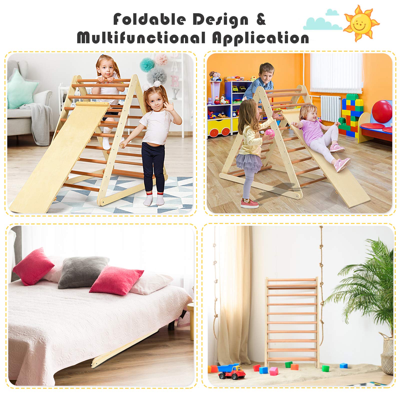 HONEY JOY 2-in-1 Foldable Wooden Triangle Climber with Ramp, Ladder & Slide - Indoor Toddler Climbing Set for Playground, Gym & Daycare - Perfect Gift for Boys & Girls (Natural) - Ideal for Montessori Play, Home Exercise & Early Childhood Development