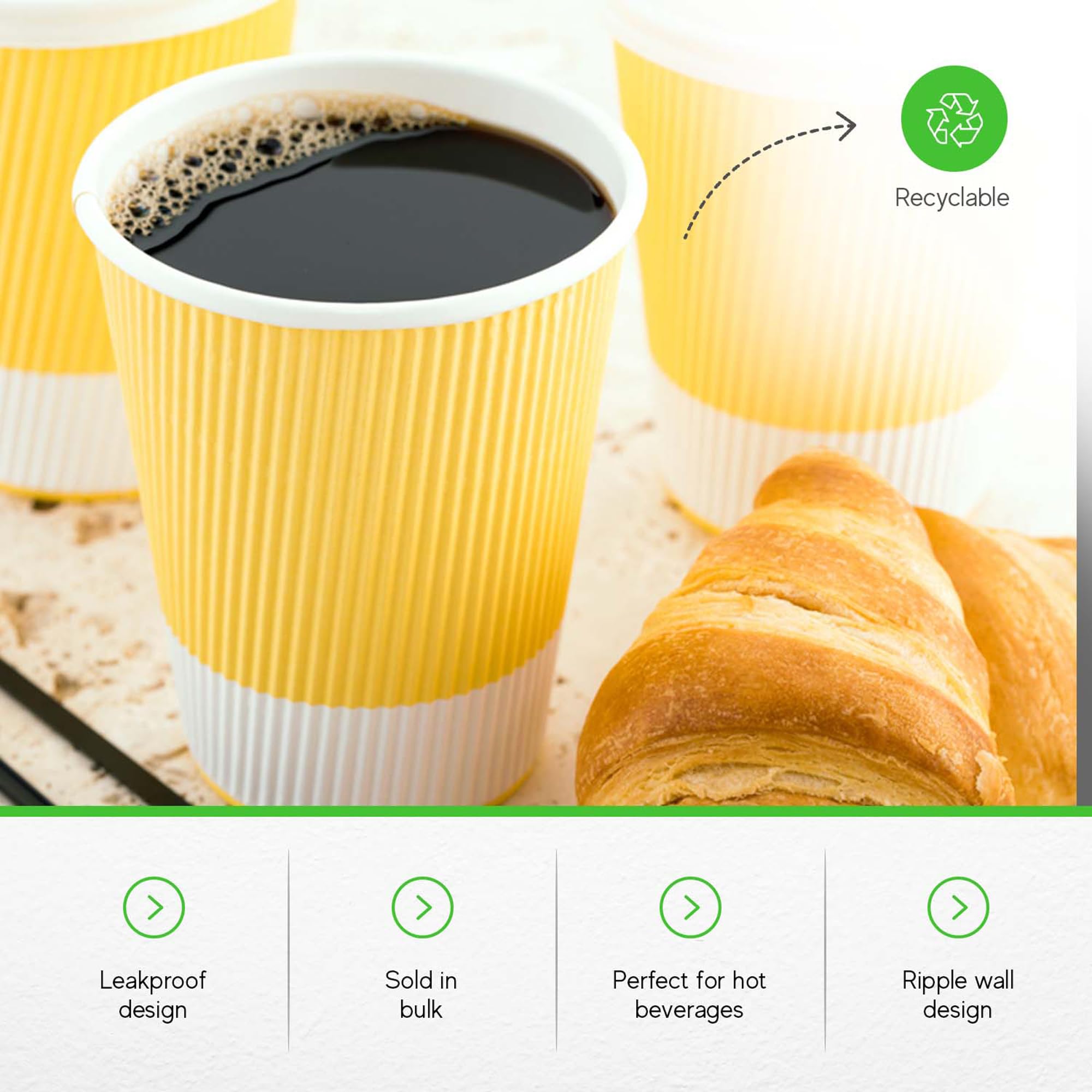 12oz Disposable Coffee Cups - 500 Pack Insulated Hot Paper Cups with Ripple Wall Design, Rolled Rim for Coffee, Tea & Hot Beverages | Eco-Friendly, Leak-Resistant | Perfect for Cafes, Offices & Events