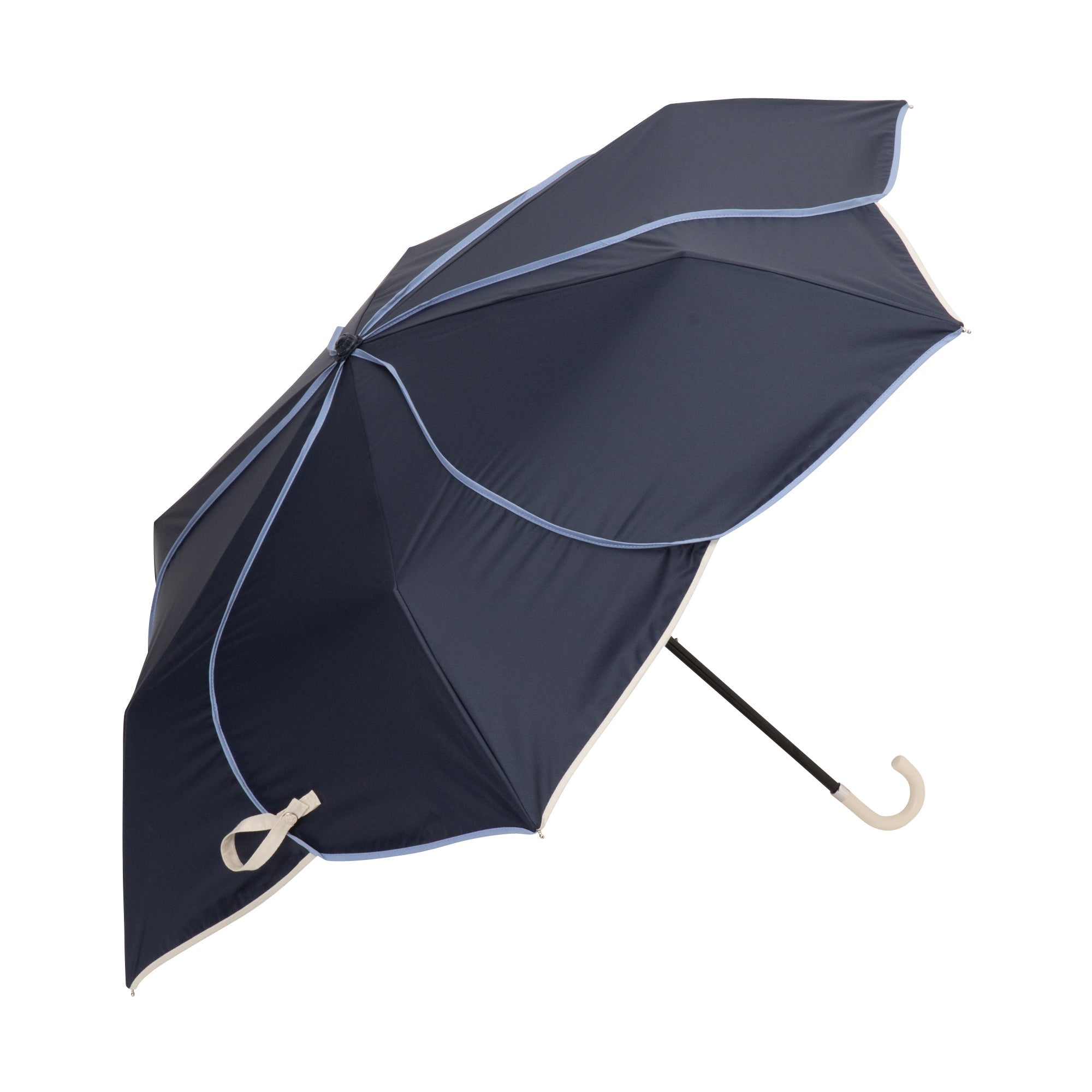 Bicolor Piping Compact Parasol Umbrella - Navy Blue & White Striped Sun Shade for Outdoor Beach, Garden, and Patio Use