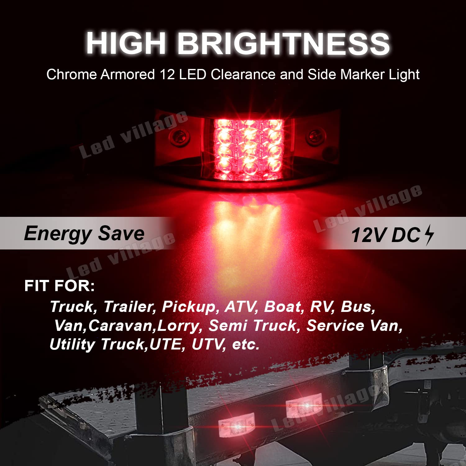 2 Pcs Clear Lens Red LED Side Marker Lights - 12 LED Rectangle Clearance Lights for Trailer, Truck, Pickup, RV, SUV, Bus - Chrome Housing 12V DC - Perfect for Night Driving & Vehicle Safety Enhancement