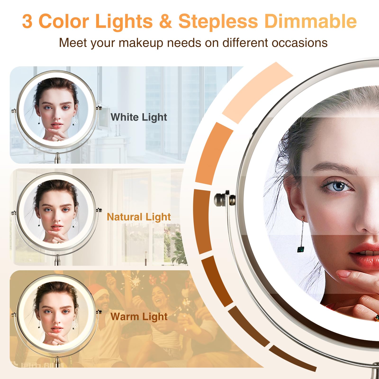 8.5 Inch Rechargeable Wall Mounted Makeup Mirror with Dual-Touch 1X/10X Magnification - Brushed Nickel Finish, 3 Color LED Lights & 360° Swivel - Extendable Bathroom Vanity Mirror for Shaving, Makeup Application & Skincare Routine