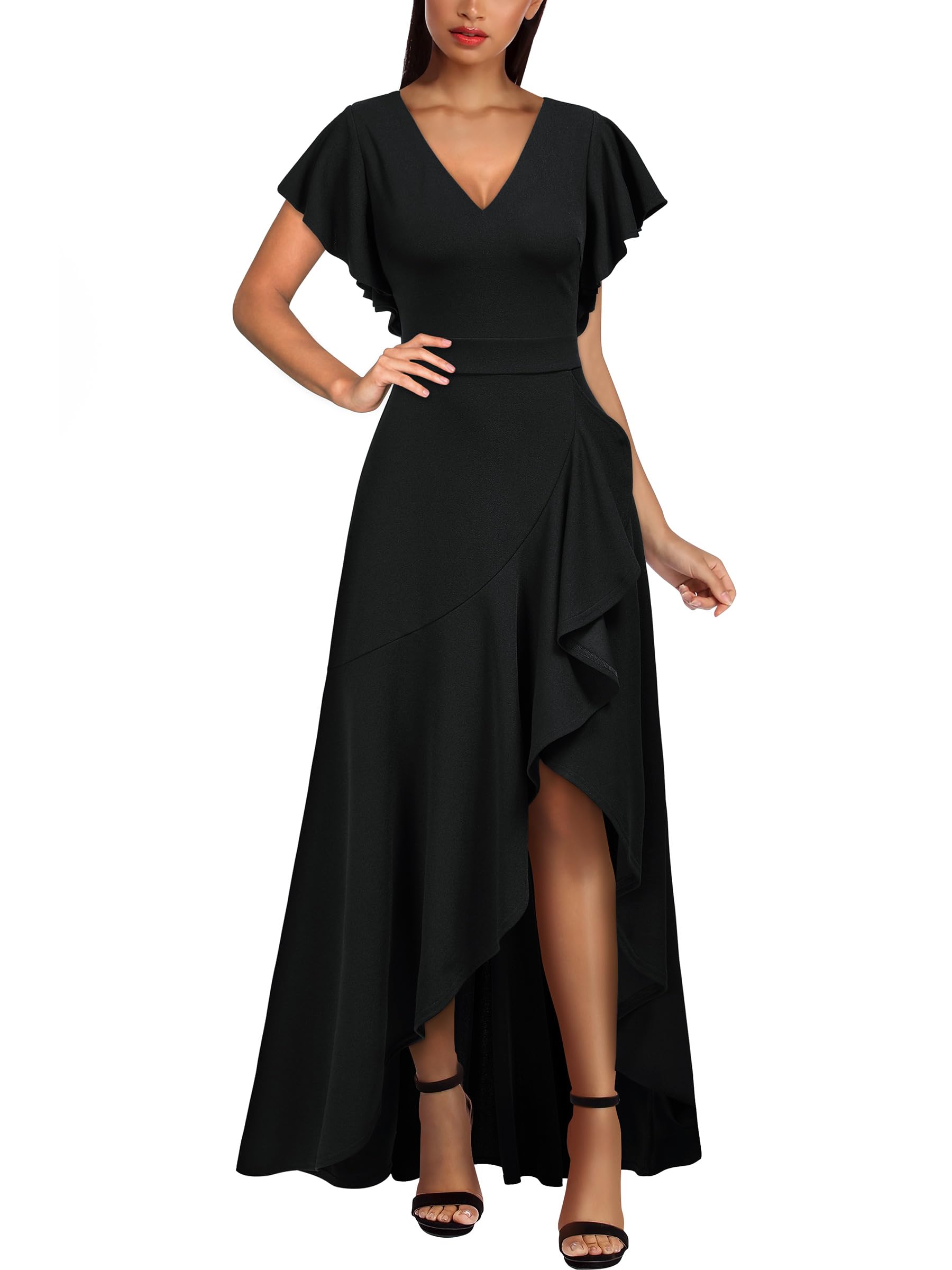 Elegant Miusol Women's V-Neck Ruffle Split Long Evening Dress for Formal Parties, Weddings & Special Occasions - Flattering Formal Gown for Prom, Cocktail Events & Black Tie Affairs