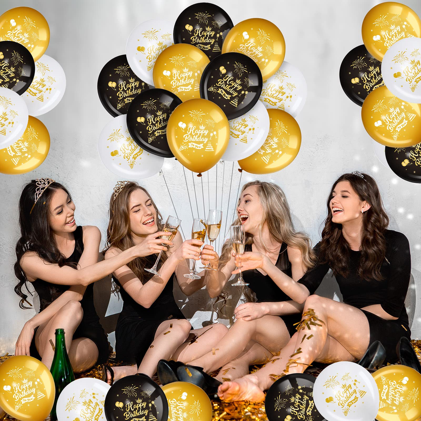 45-Piece 12-Inch Happy Birthday Balloons Set - Black, Gold & White Latex Balloons for Birthday, Anniversary Parties - Indoor/Outdoor Decorations for Girls, Boys, Women & Men - Perfect for Home, Office & Event Celebrations