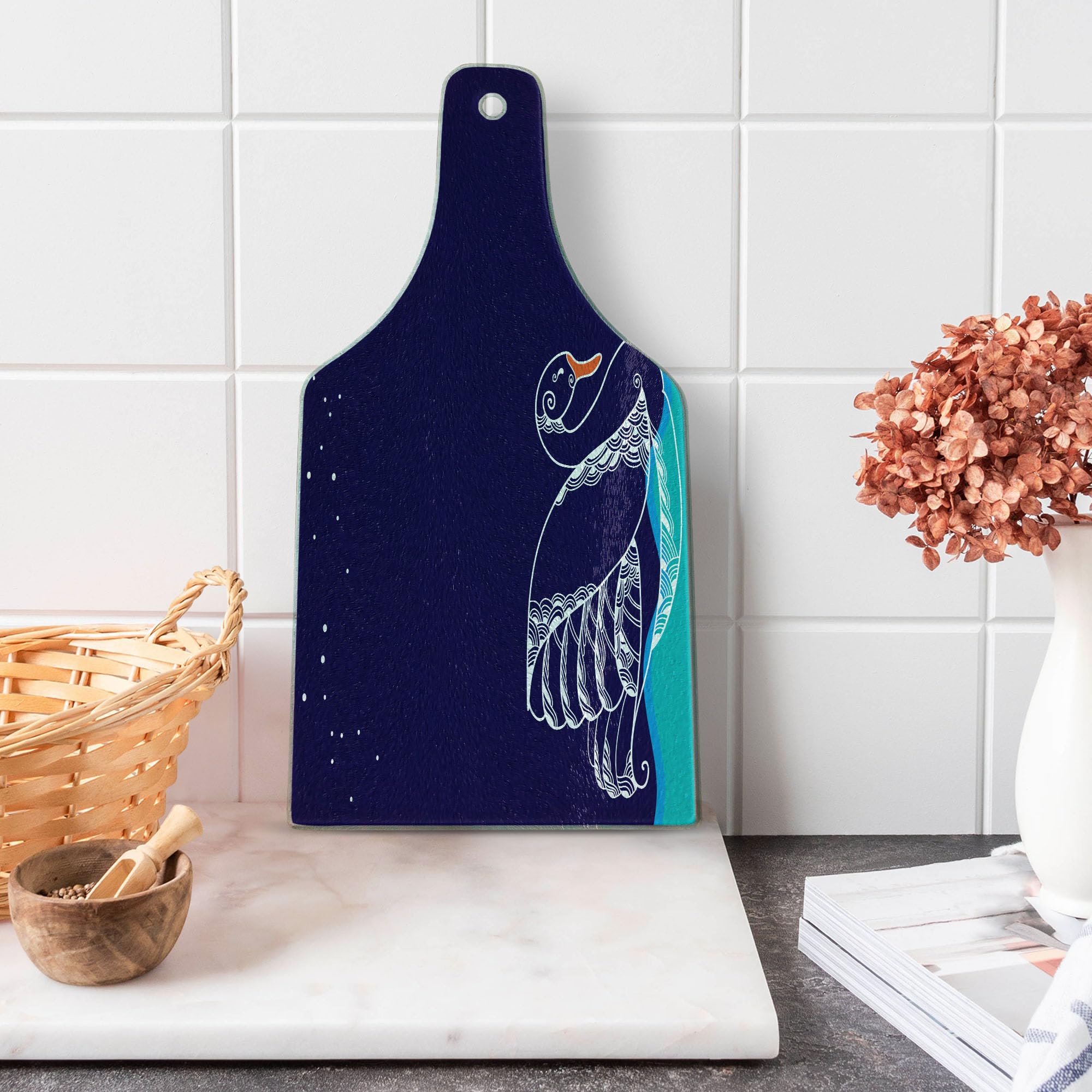 Ambesonne Swan Tempered Glass Cutting Board - Elegant Big Winged Swan Silhouette on Dark Starry Night Lake Design - Decorative Serving Board with Wine Bottle Shape in White & Blue - Perfect for Cheese Platters, Charcuterie, and Wine Pairing Parties