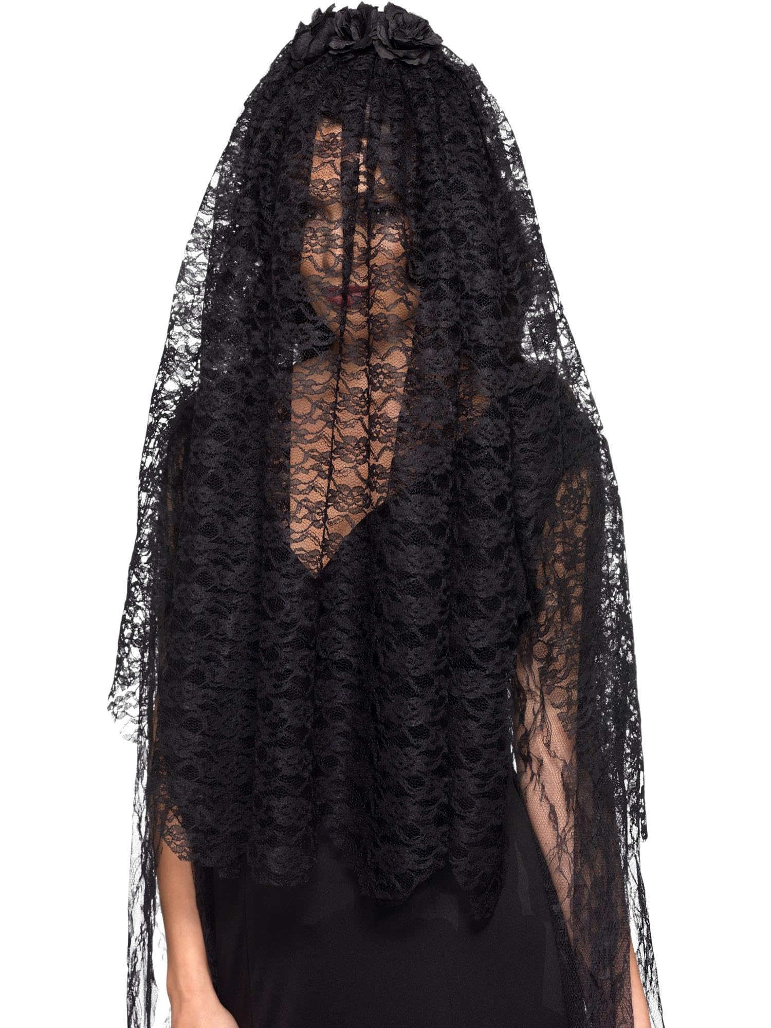 Smiffys Black Widow Veil with Floral Design - Elegant Black Lace Halloween Costume Accessory for Women | Perfect for Cosplay, Gothic Weddings & Halloween Dress Up Parties