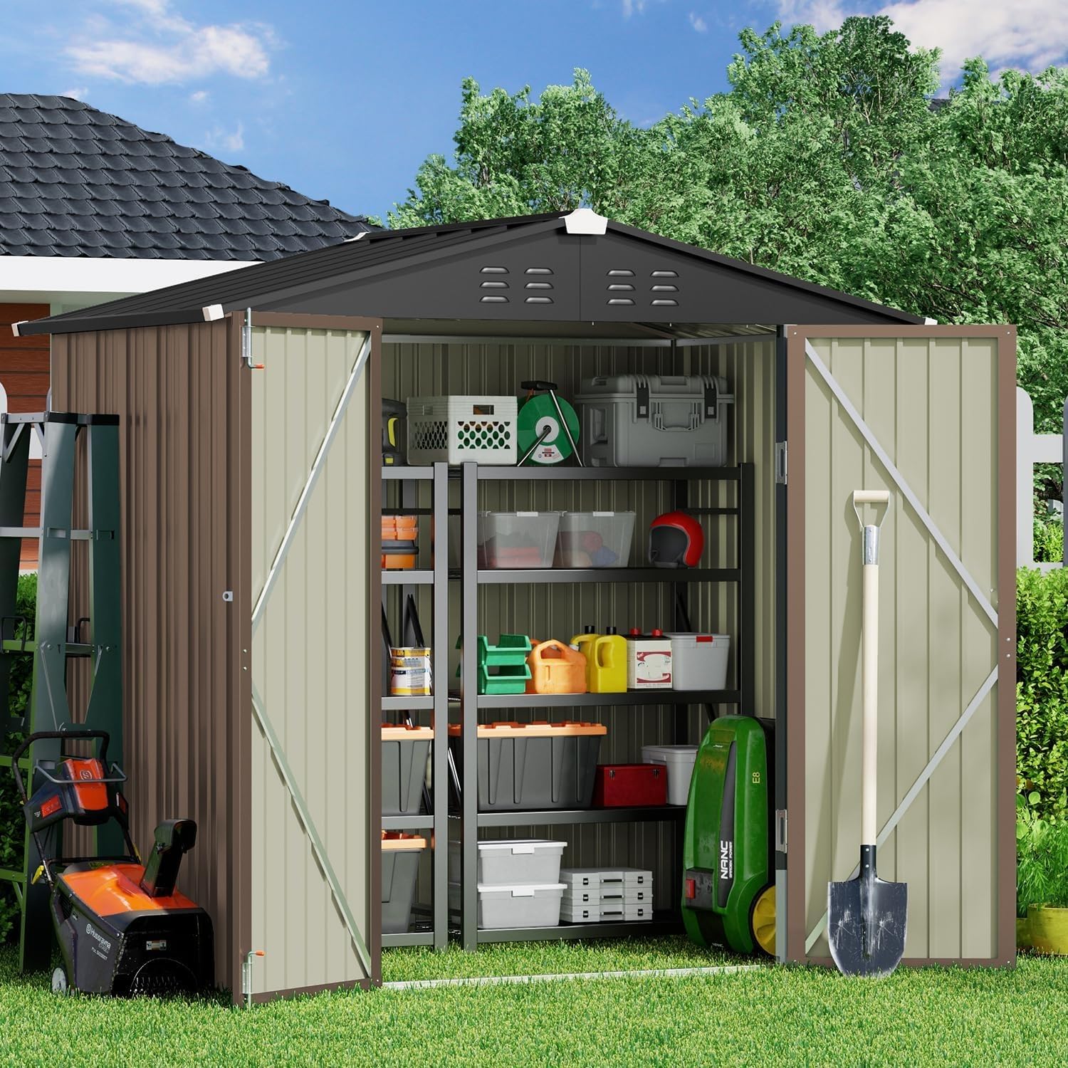 Gizoon 6x4 FT Galvanized Metal Outdoor Storage Shed - Double Lockable Doors, Weather-Resistant Garden Shed for Backyard, Patio & Lawn (Light Brown) - Perfect for Storing Tools, Equipment & Seasonal Items