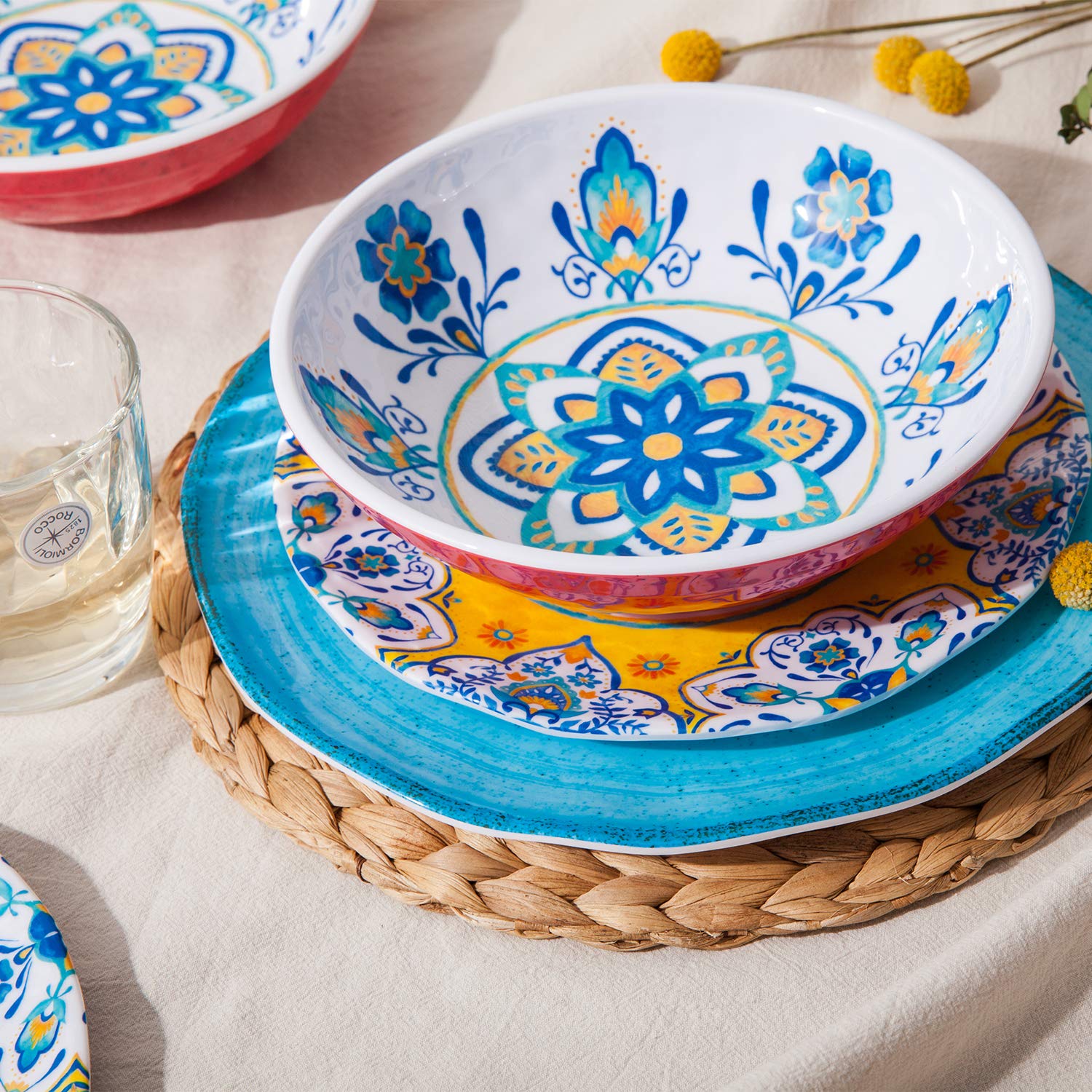 12-Piece Melamine Dinnerware Set - Durable, Colorful Plates & Bowls - Dishwasher Safe, Shatterproof, Chip Resistant - Perfect for Outdoor Dining, Picnics, and Restaurants (Multicolor)