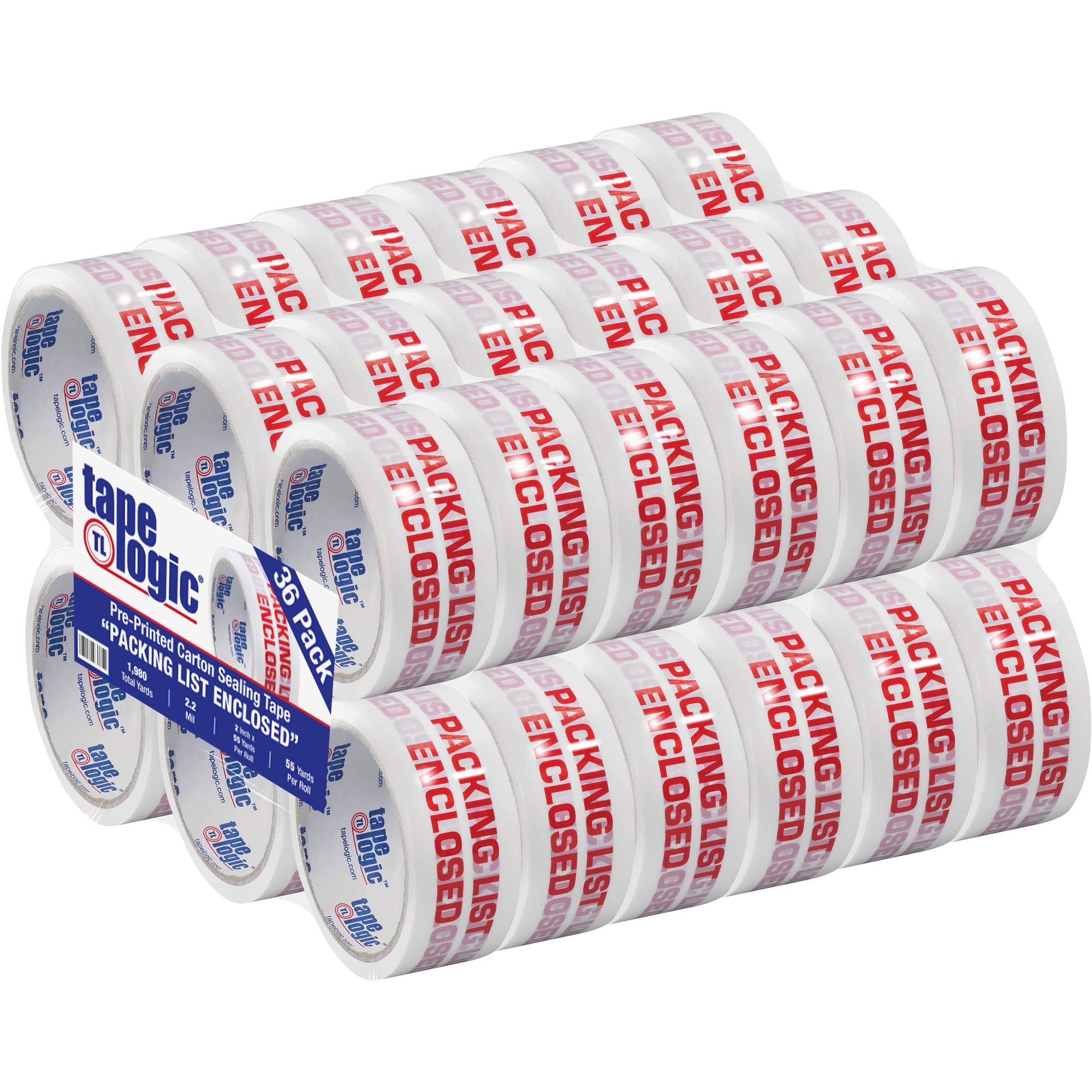 Aviditi Tape Logic 2 Inch x 55 Yard 2.2 Mil Red/White Heavy Duty Packing Tape - 36 Pack with 'Packing List Enclosed' for Secure Shipping, Moving & Office Use | Ideal for Box Sealing, Package Protection & Warehouse Organization