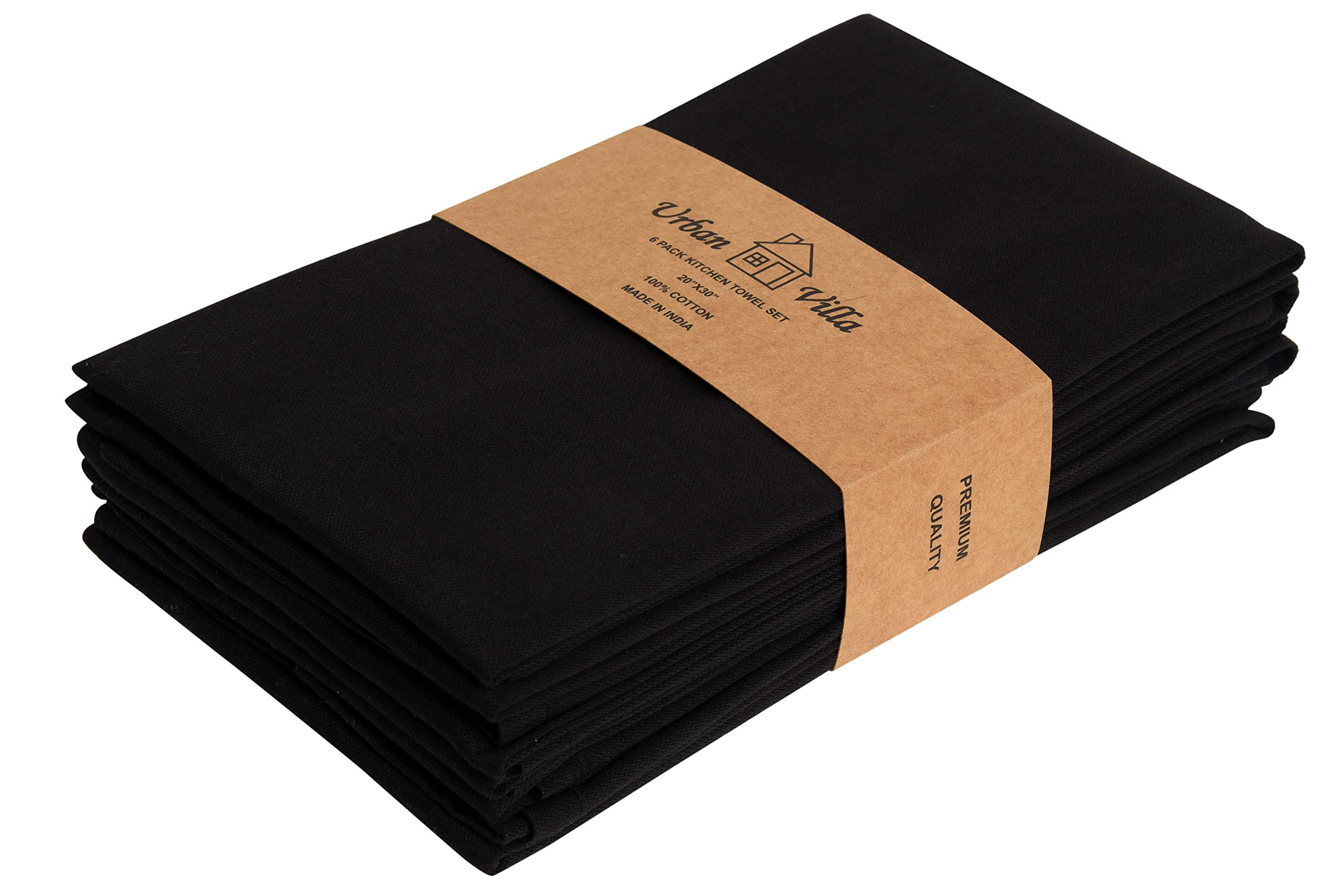Premium 100% Cotton Ultra Soft Kitchen Towels Set of 6 - 20x30 Inches, Highly Absorbent, Black (Ideal for Cooking, Baking & Dish Drying)