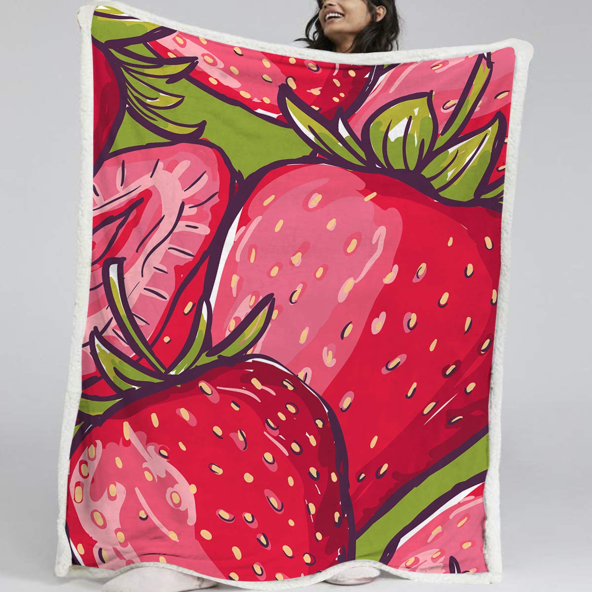 BlessLiving 3D Strawberry Sherpa Plush Fleece Blanket - Soft Red Throw with Realistic Strawberry Close-Up Pattern for Couch, Sofa, Bed & Office (50