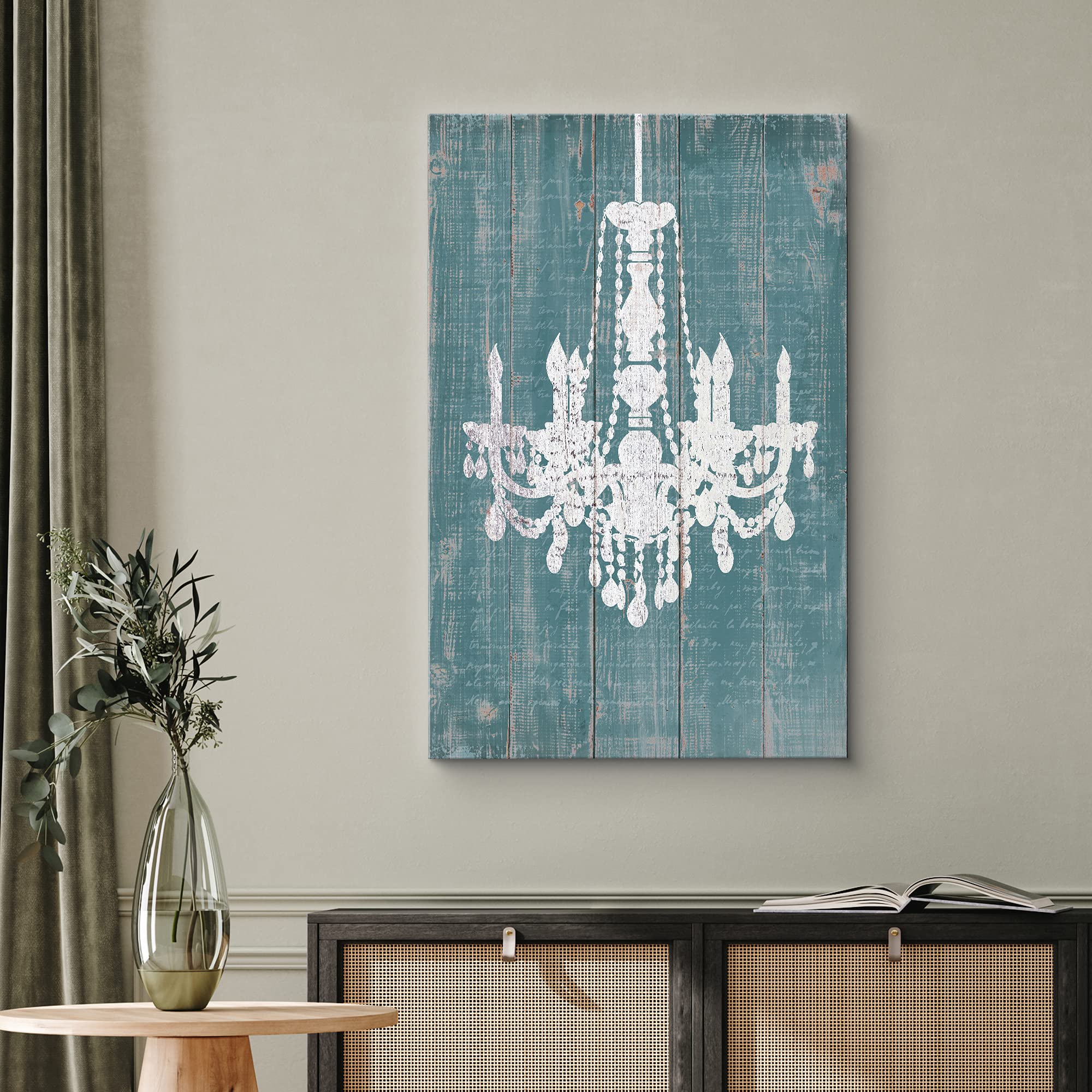 Wall26 Canvas Print - White Chandelier Silhouette on Blue Wood Panels Modern Art | Digital Wall Decor for Living Room, Bedroom, Office | 32x48 Inch Framed Ready-to-Hang Artwork | Creates Calming Atmosphere for Home & Workspace